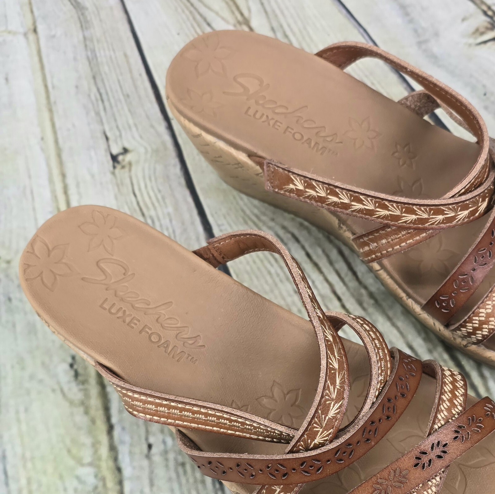 SKECHERS Beverlee Sandals Women 9 Brown Strappy Wedge Summer Comfy BOHO Shoe