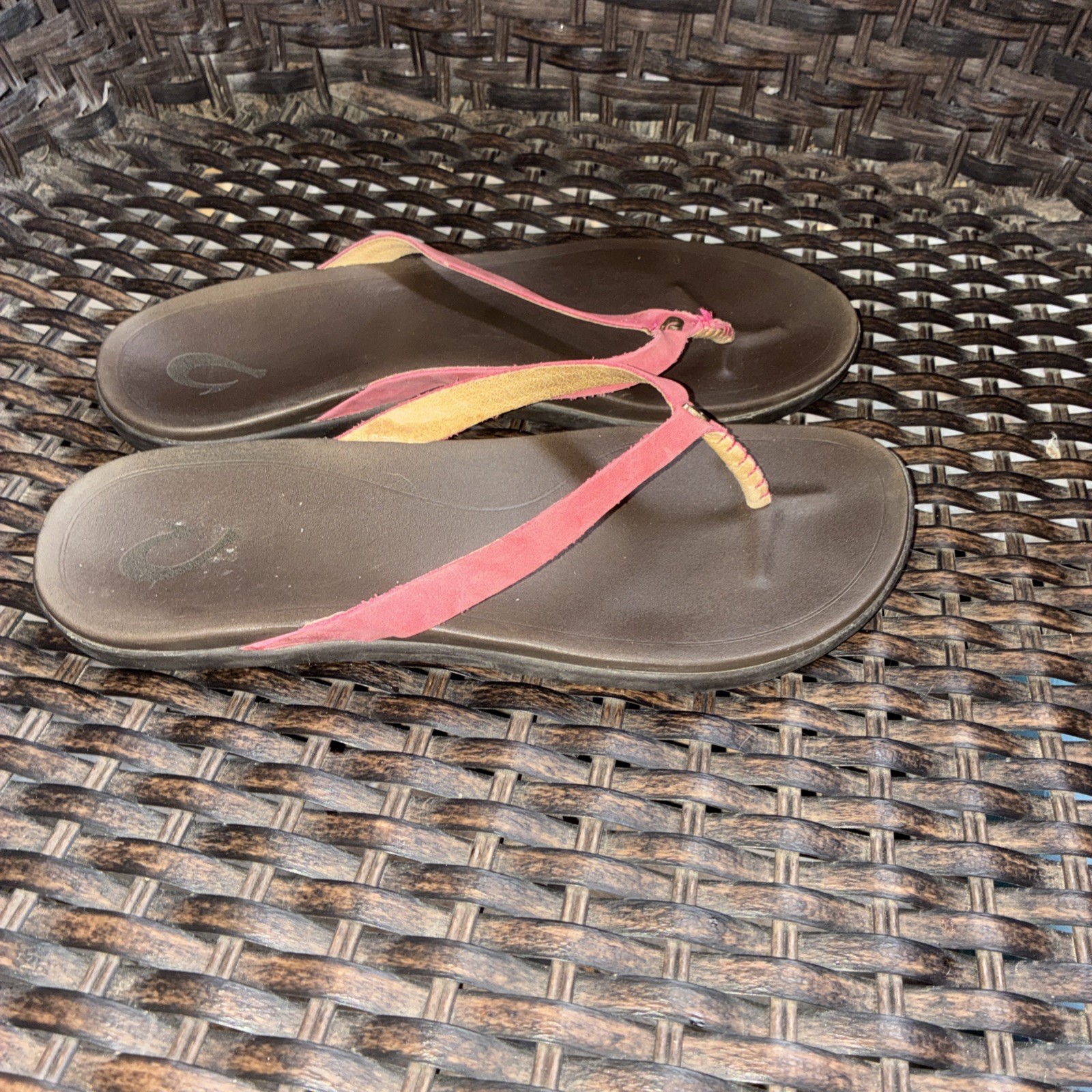 Olukai Ho Opio Women’s Pink Gray Leather Synthetic Flip Flop Sandal Size 8