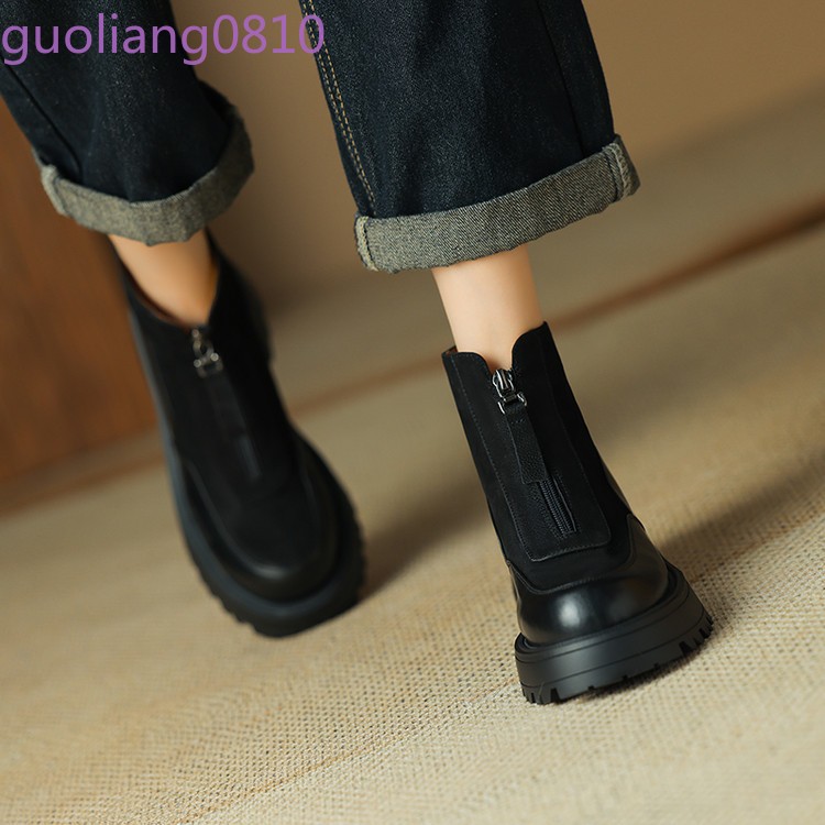 Women’s Leather Ankle Boots Round Toe Shoes Block Heel Zip Platform Fashion OL