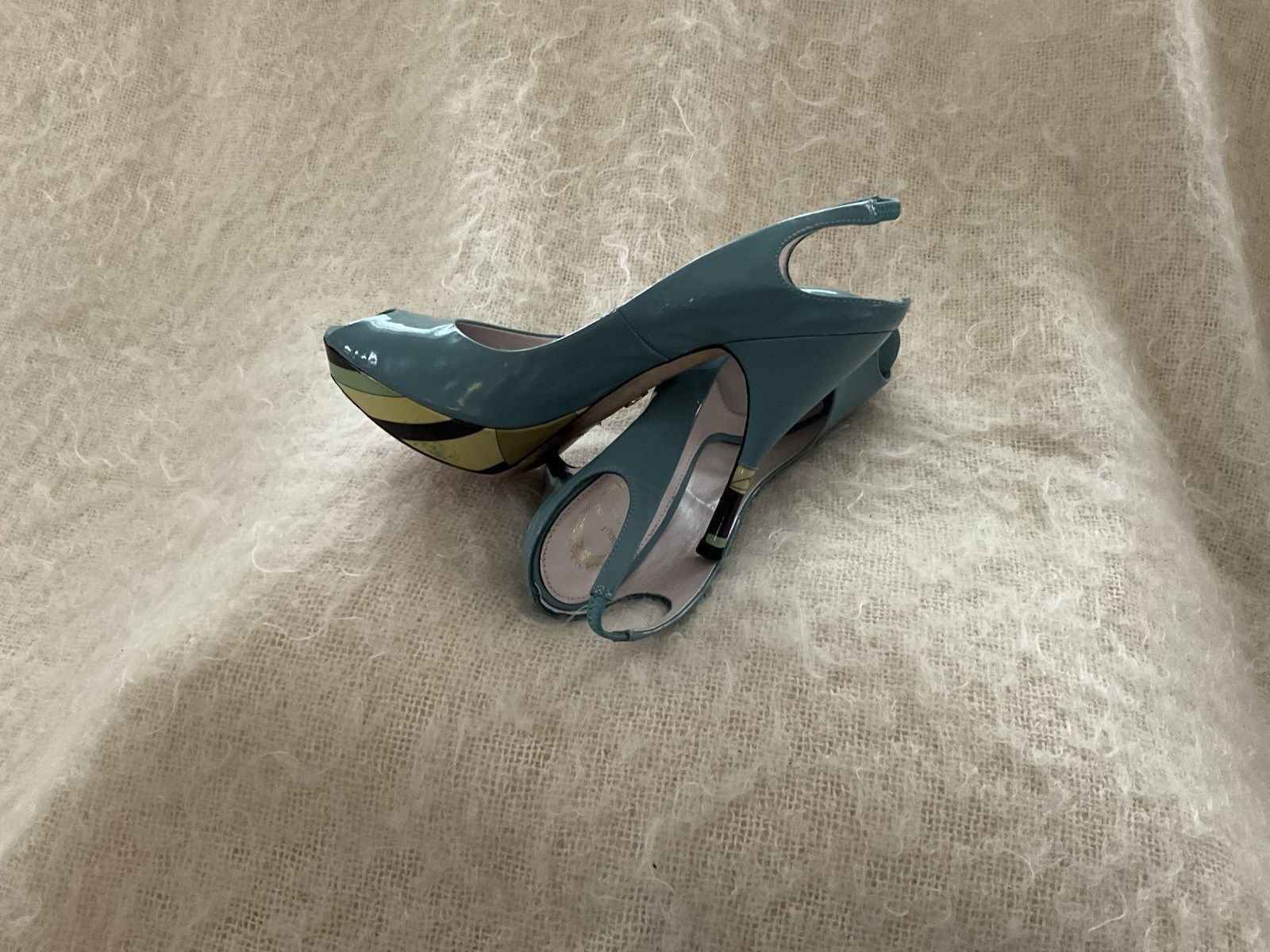 EMILIO PUCCI PEEP TOE LIGHT TEAL PATENT LEATHER PUMPS