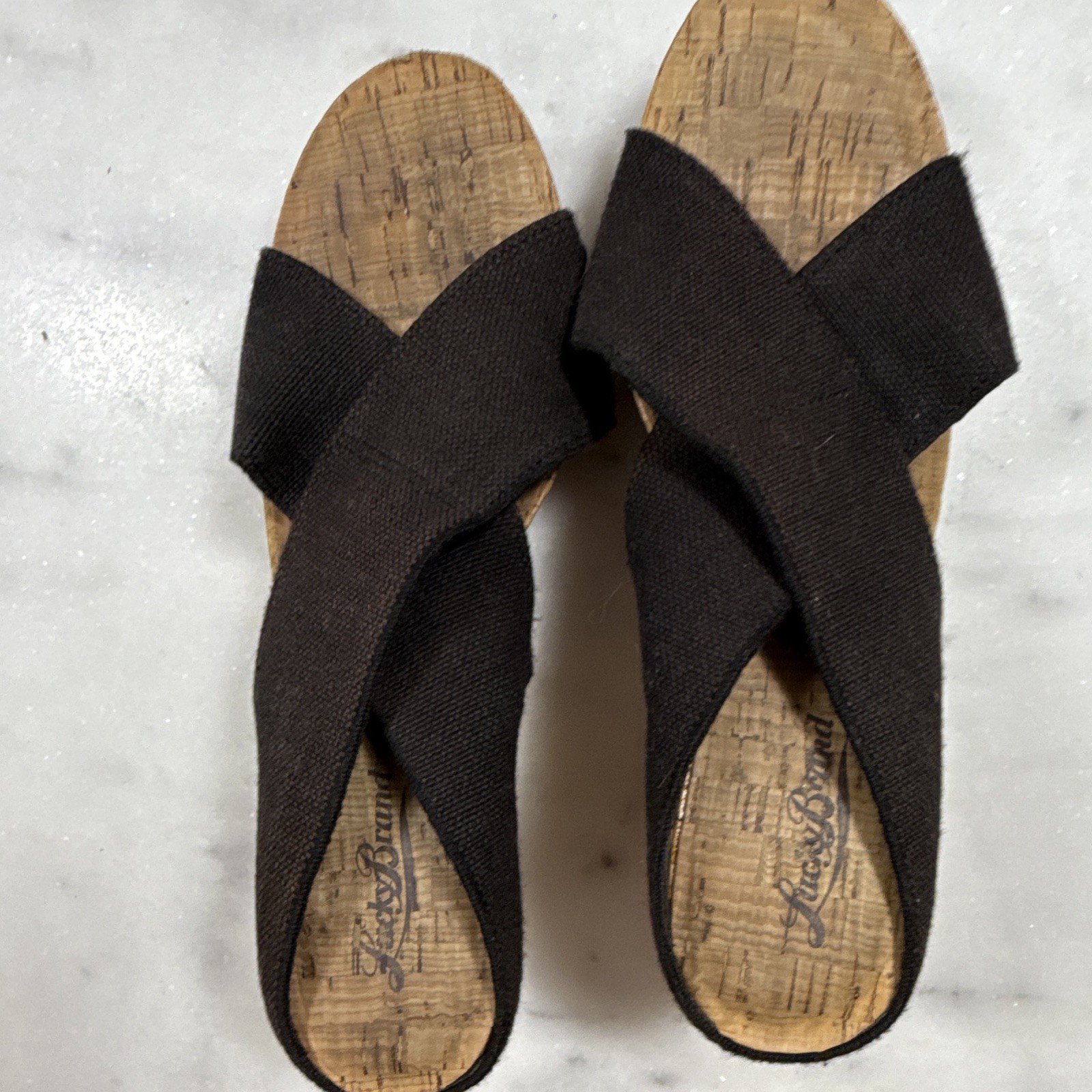 Lucky Brand Women’s Black Crisscross Cork Wedge Slide Sandals 8 M Synthetic