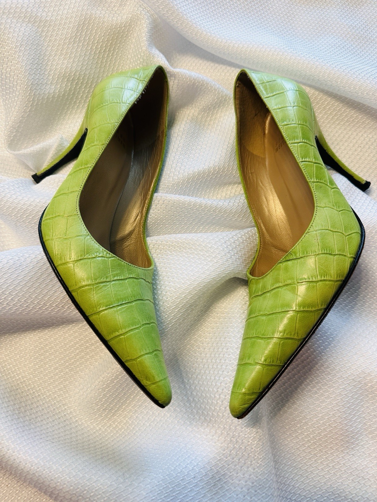Stuart Weitzman Green Leather Croc Embossed Pointed Toe Stiletto Pumps 6M