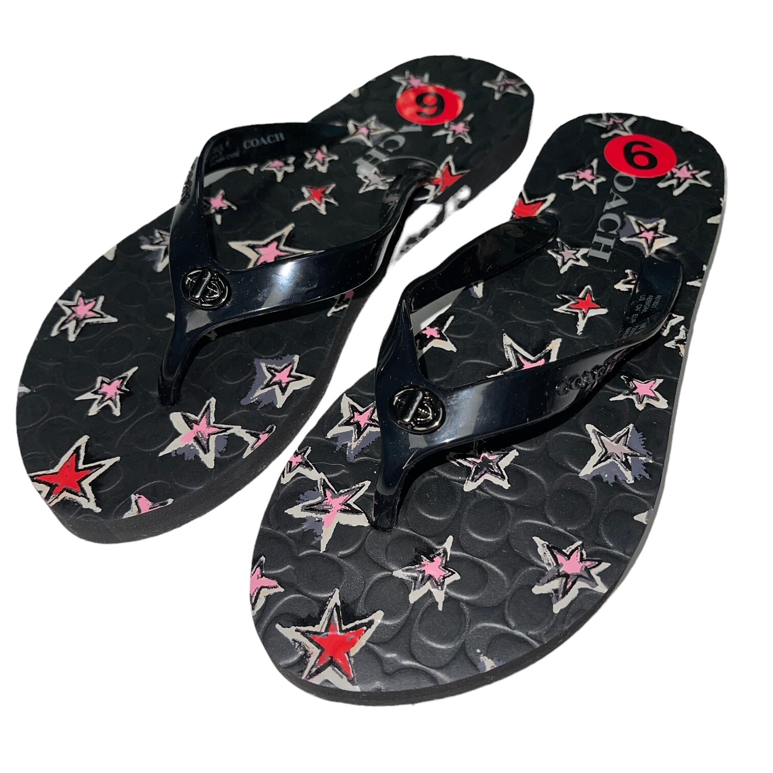 Coach Abbigail Flip Flops Turnlock Logo Thong Rubber Sandals Red Black Ivory