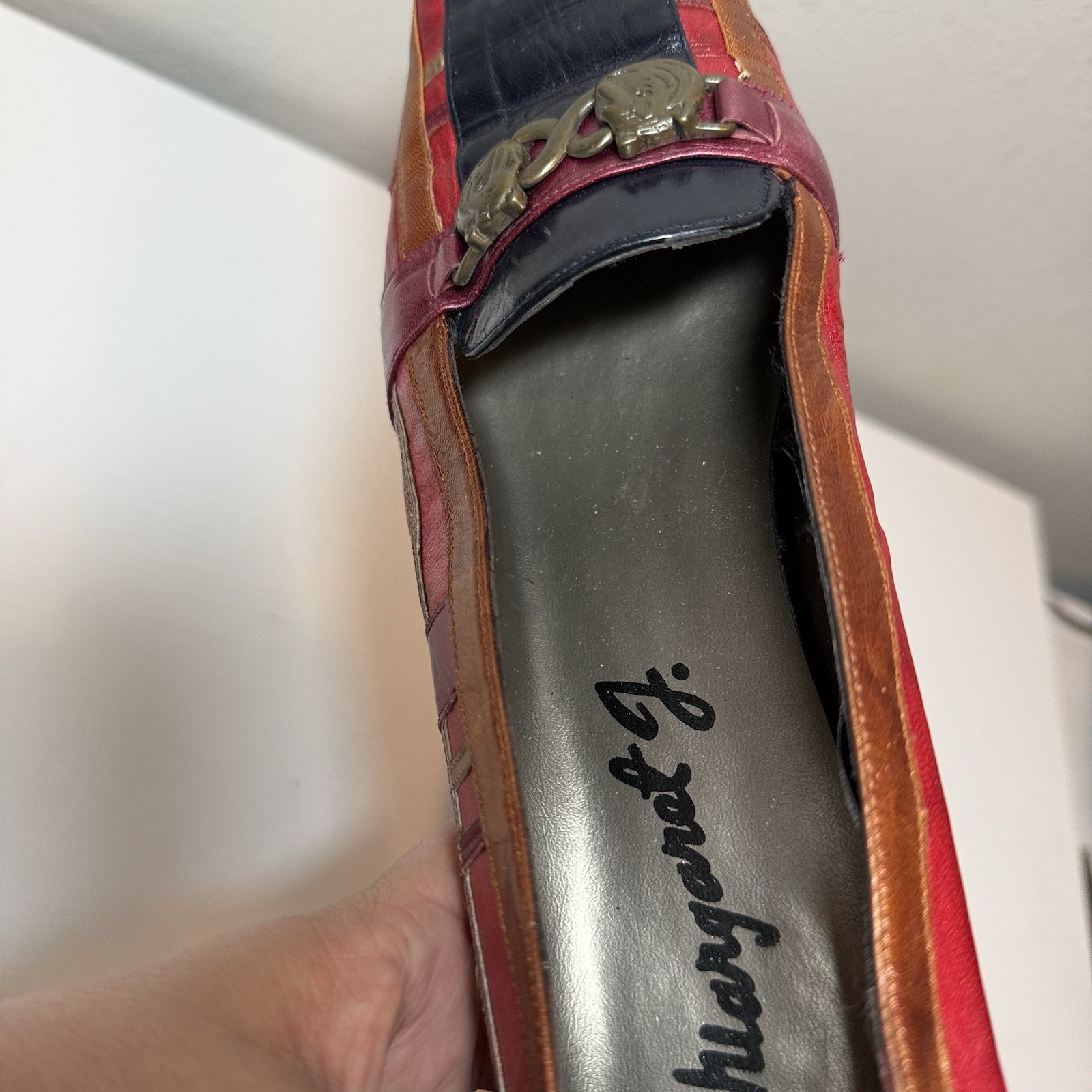 Vtg Margaret Jerrold Red Multicolor Leather Block Heel Shoes Gold Tigers 11.5 N