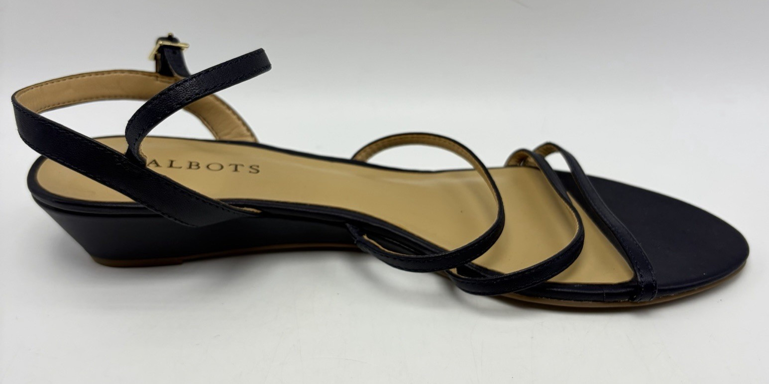Talbots Capri Sandals 9.5 M Blue Leather Strappy Mini Wedge Minimalist Capsule