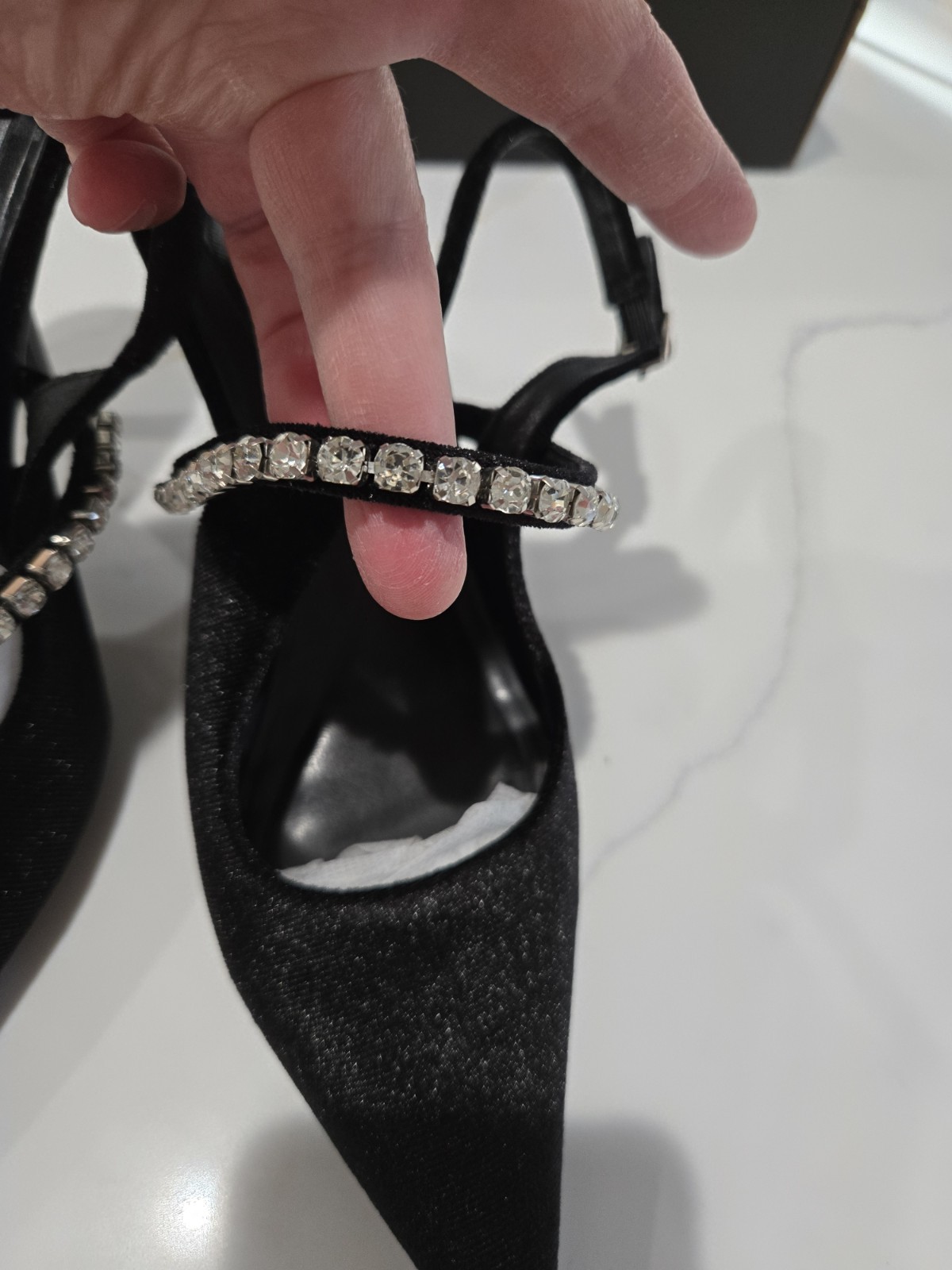 FASHION NOVA Size 7.5 Slingback Kitten Toe High Heels Velvet Pumps Rhinestones