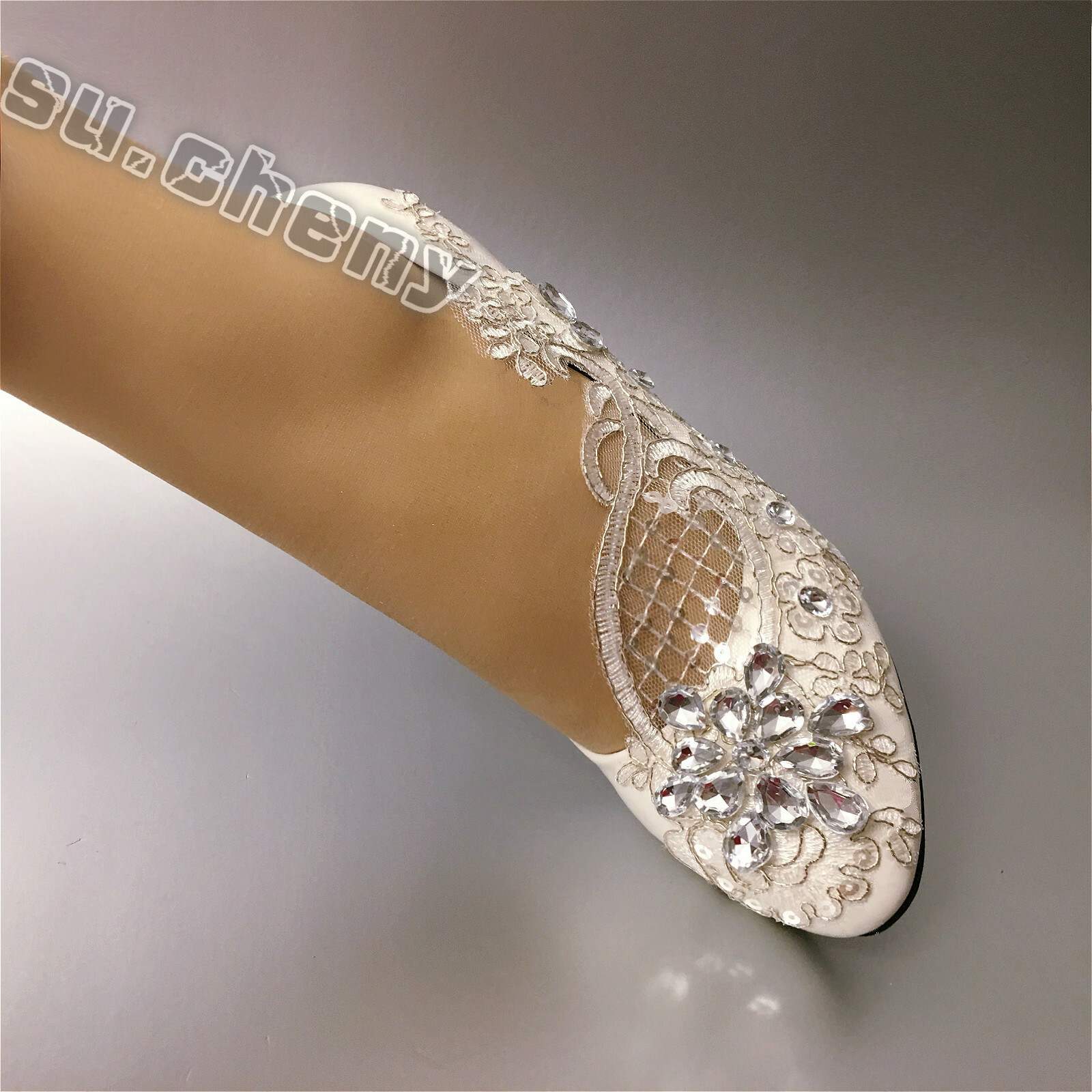 su.cheny- Lace white ivory crystal flats low high heel pump Wedding Bridal shoes