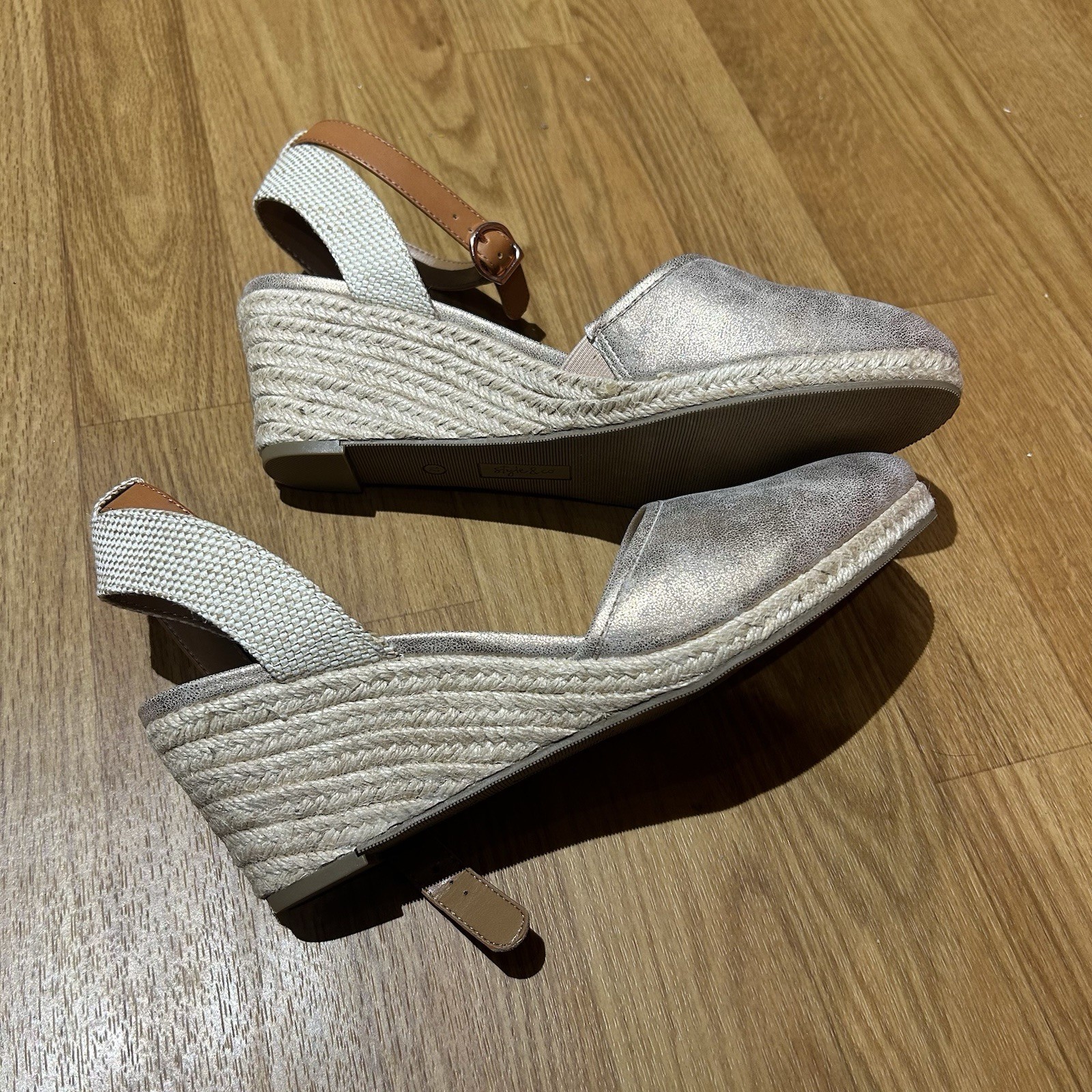 Style & Co Women’s Gold Leather Wedge Heel Ankle Strap Closed Toe Buckle