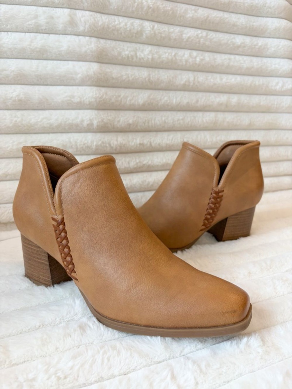 BareTraps Tan Faux Leather Ankle Booties with Braided Side Detail