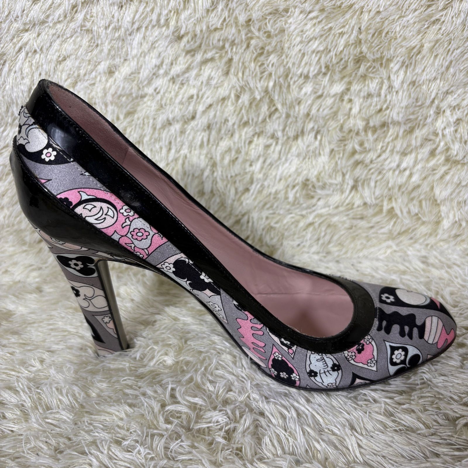 Emilio Pucci Pumps Satin & Patent Leather Gray Pink Allover Print Round Toe EU36