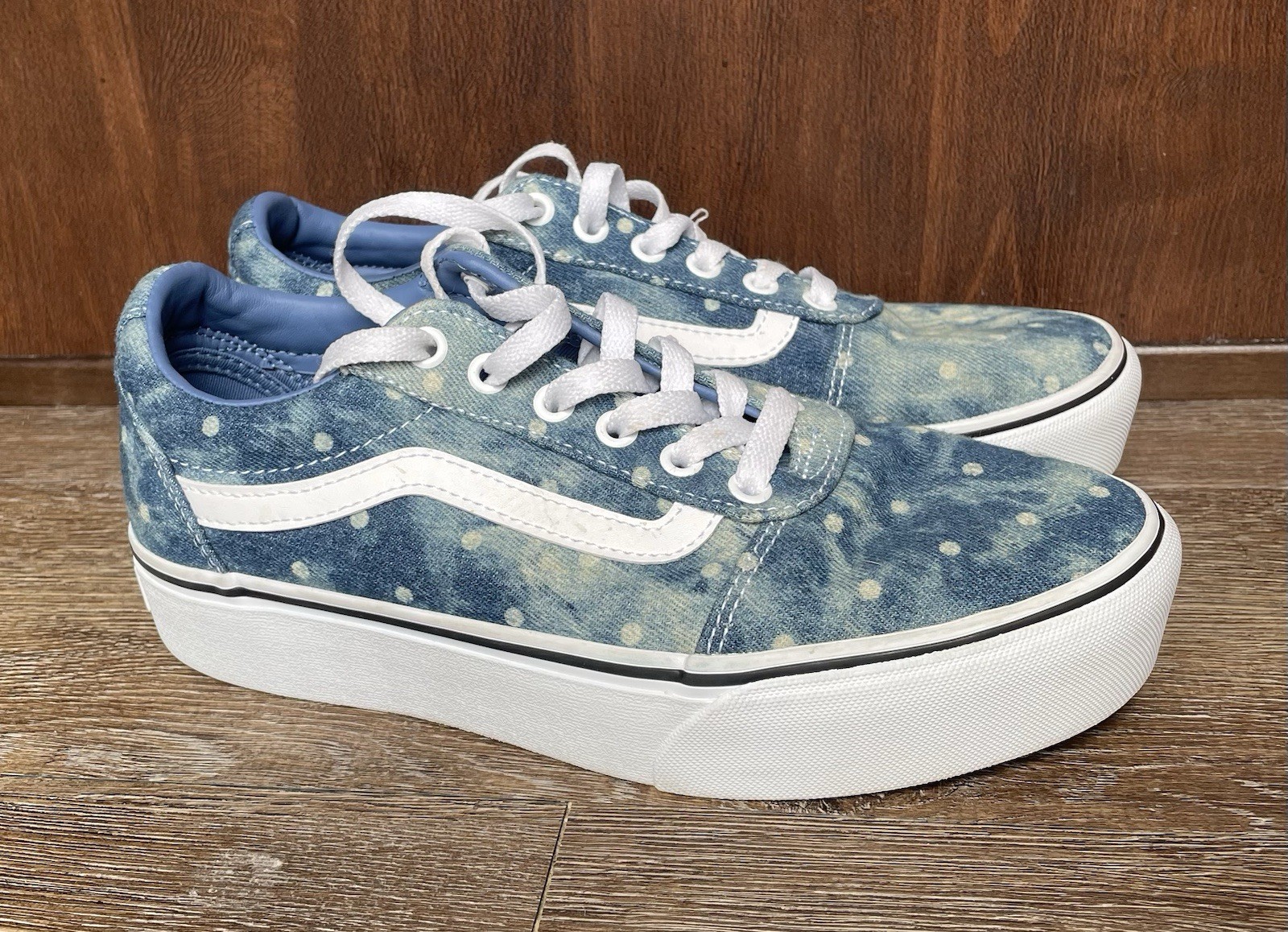 Vans Womens Old Skool Blue Denim Polka Dot Sneakers Size 8.5 Platform Shoe Clean