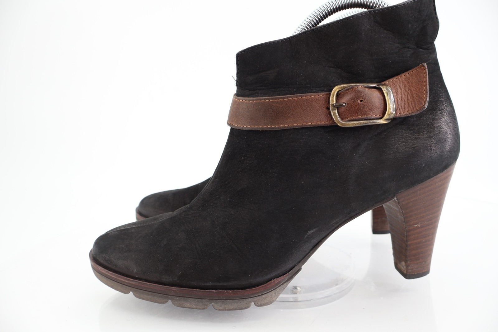 Paul Green Women’s Boot Size 9 Block Heel Black Nubuck Bootie Brown Strap