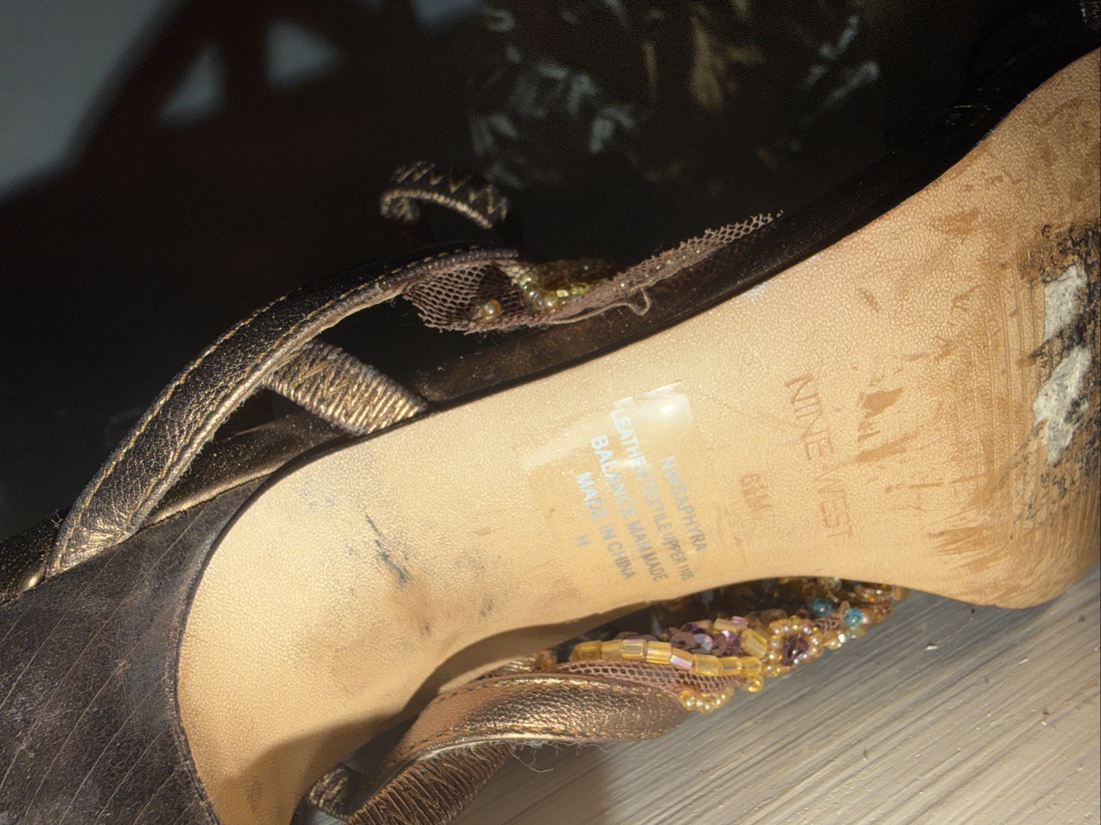 Brown Bronze Beaded Strappy Nine West Slingback Sandal Heels
