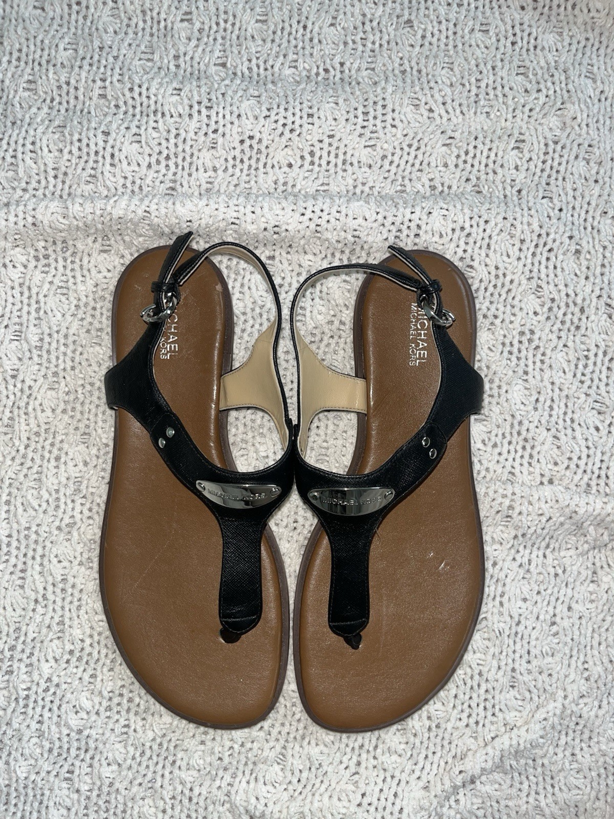 Michael Kors Women’s Black Thong Ankle Strap Leather Sandals Buckle Logo 9.5M