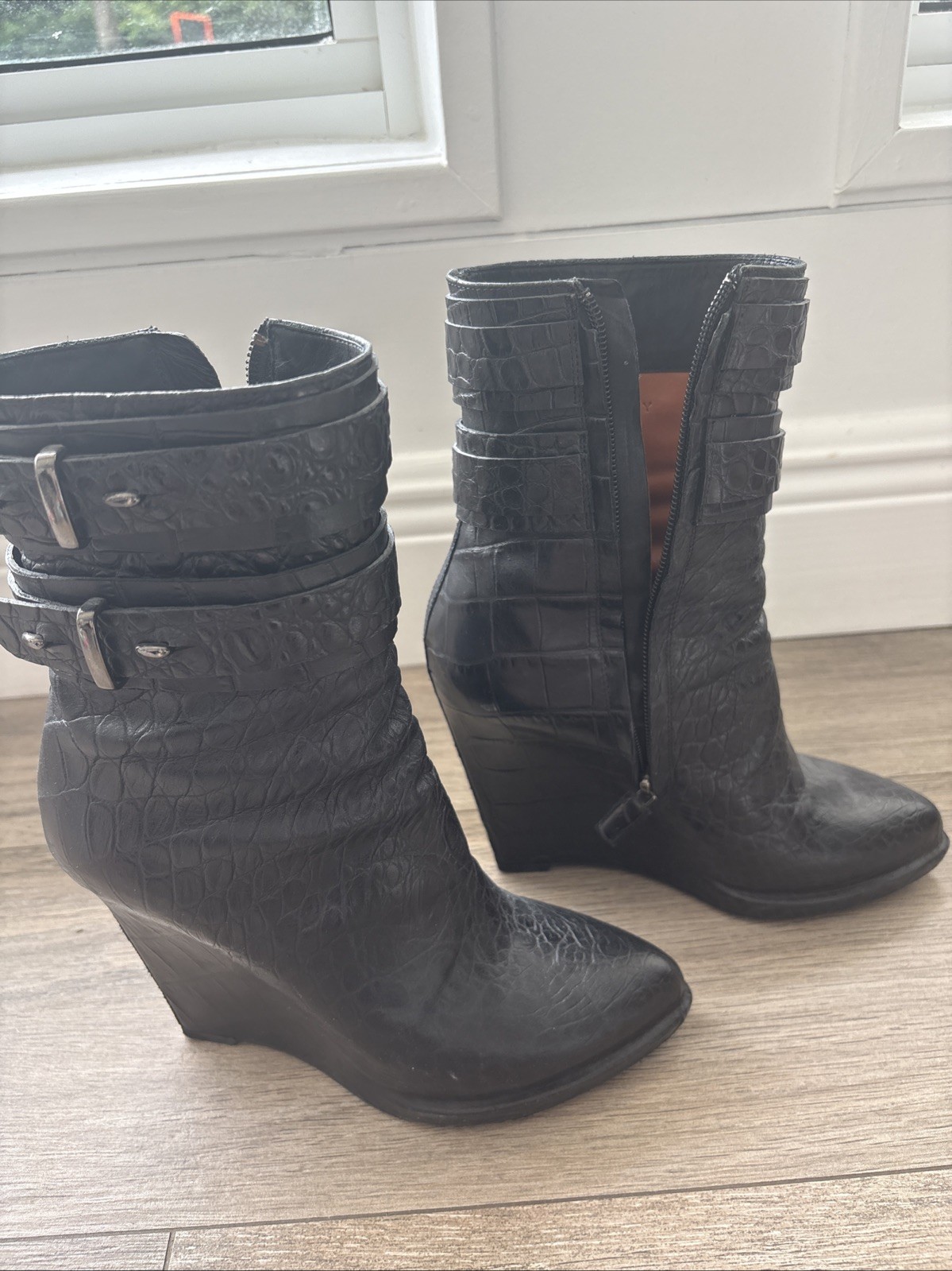 Givenchy Black Croc Embossed Leather Wedge Boots Size 37.5