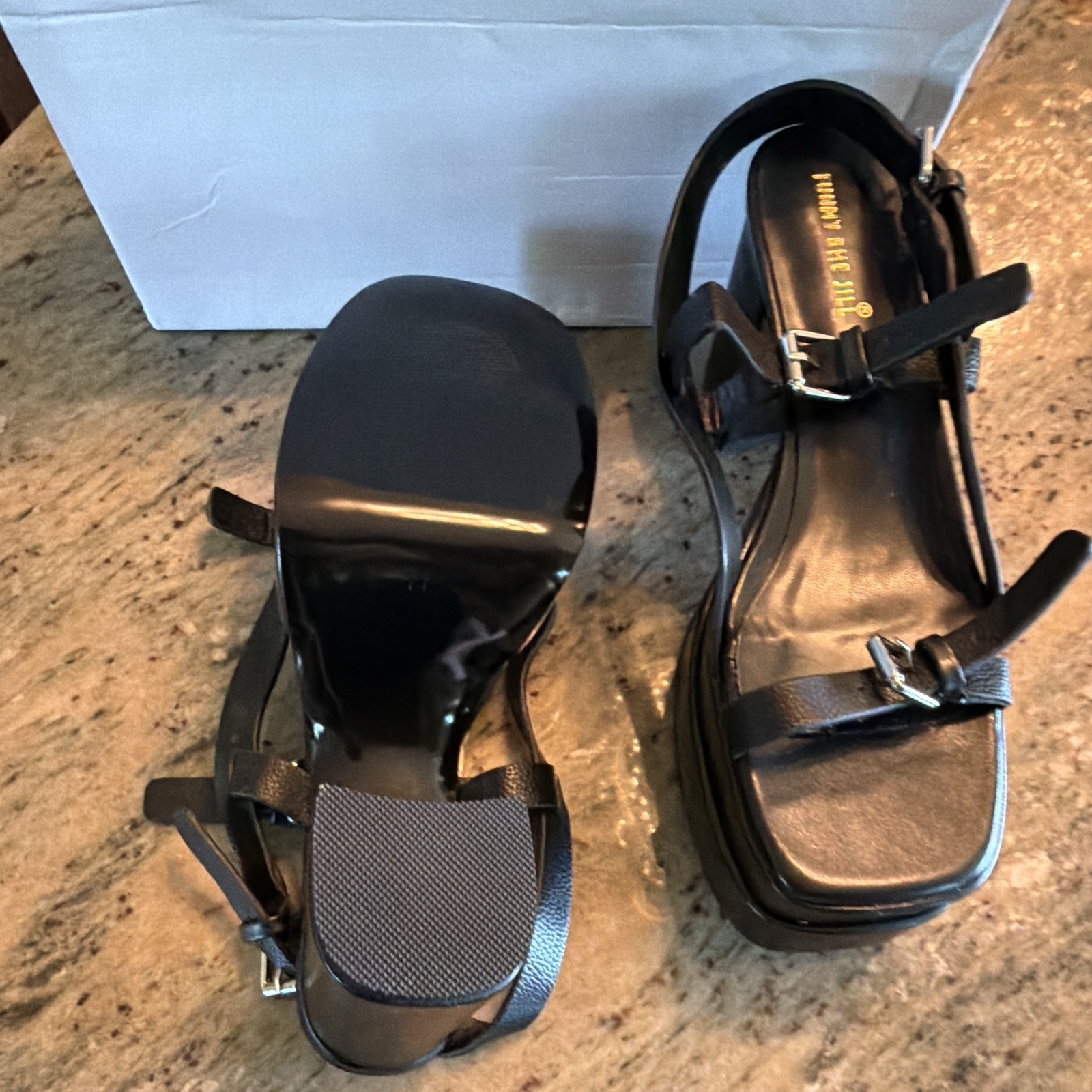 Womens Black Faux Leather Platform Strappy Ankle Strap Buckle Sandals 11 M