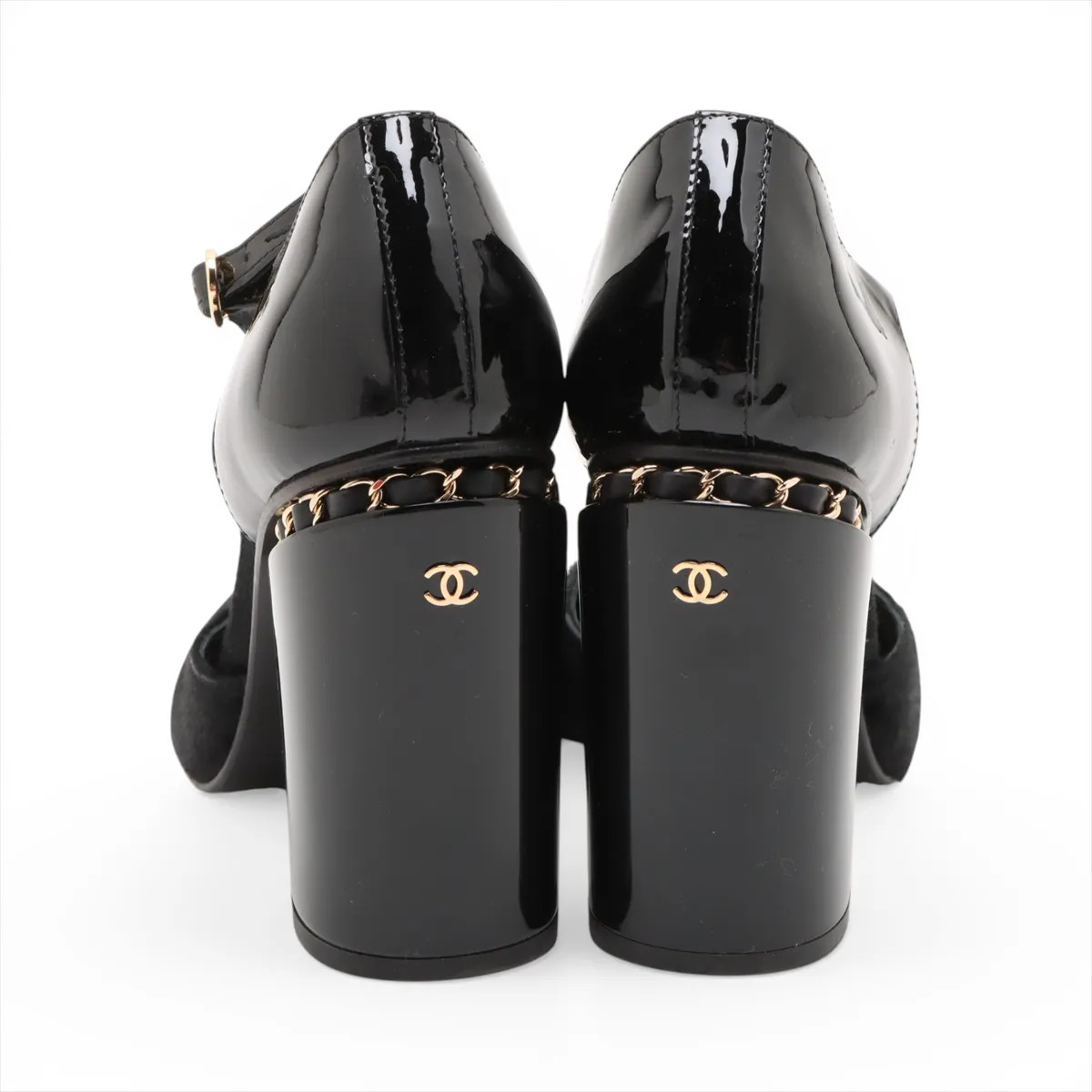 Chanel Coco Mark Chain Cowhide x Patent Leather Strap Pumps 38 Ladies’ Black Mar