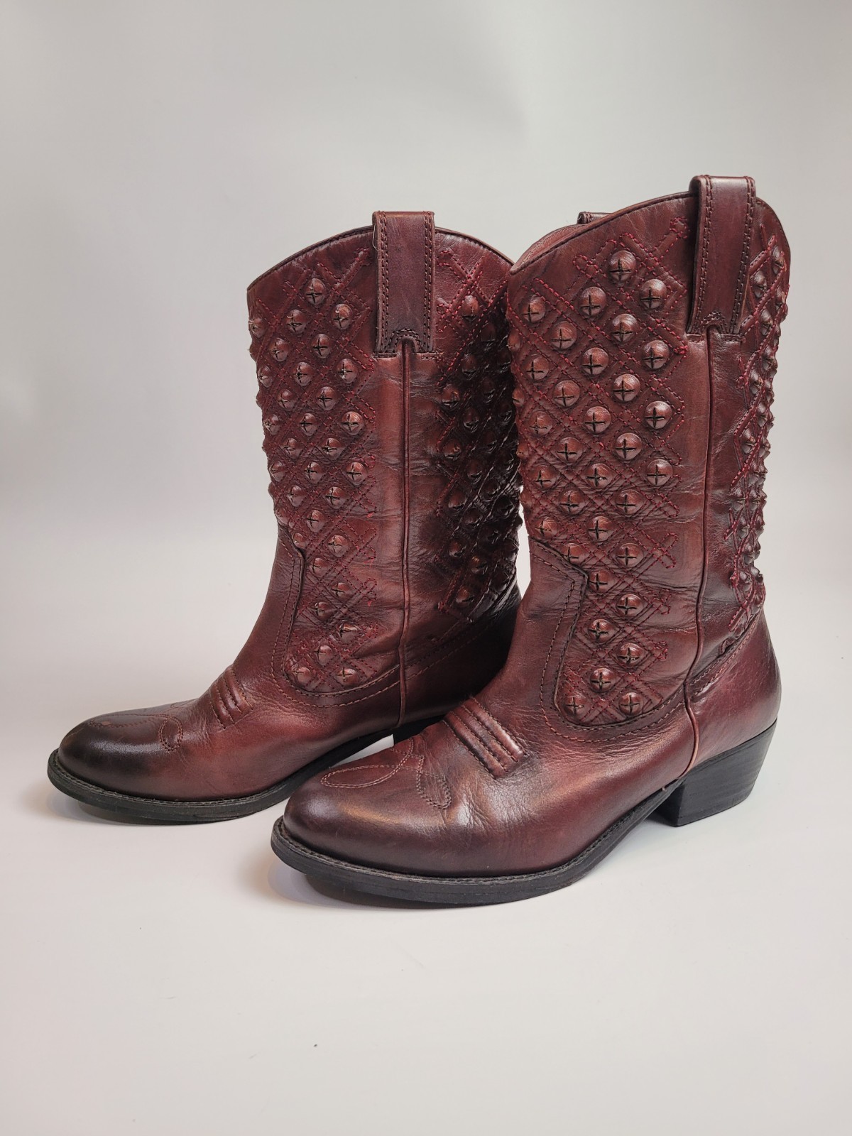 LUCKY BRAND MADONNA CORDOVAN TYE DYE MAROON RED LEATHER COWBOY HEEL BOOTS 9M
