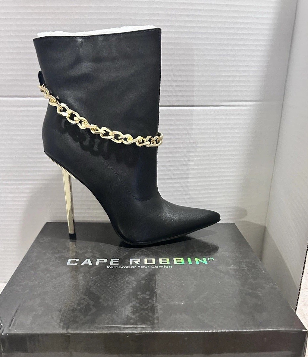 New Black Booty Boots Sz 8 Industrial Designer Gold Chain Metal Stiletto Heel