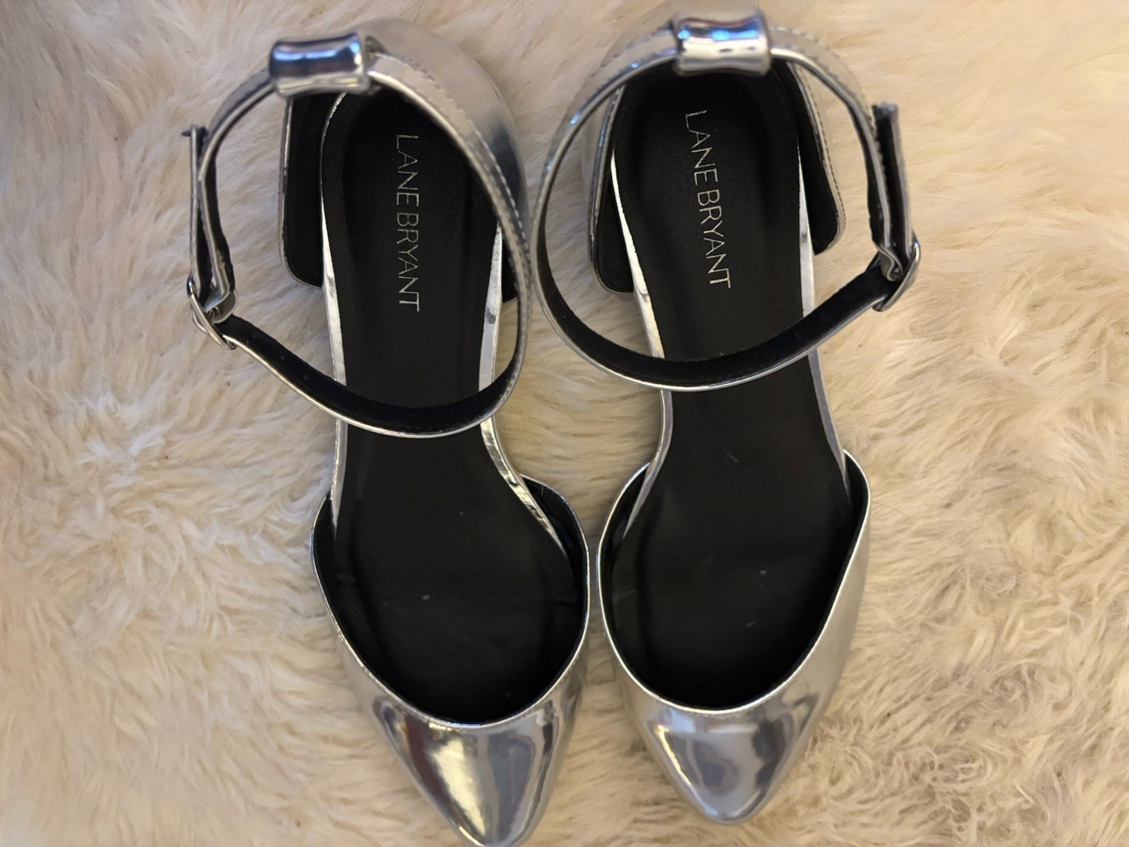 Lane Bryant 11W Silver Flat Shiny Ankle Strap Covered Toe Pointy Comfort Sleek