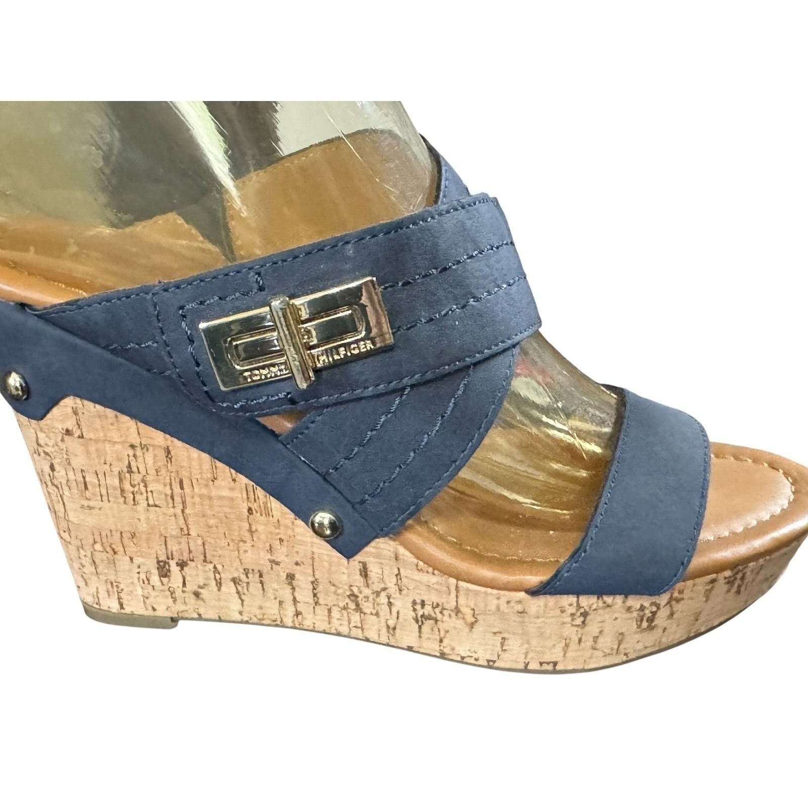 Tommy Hilfiger Womens Navy Blue Cork Wedge Sandals Gold Turn Lock Hardware 8M