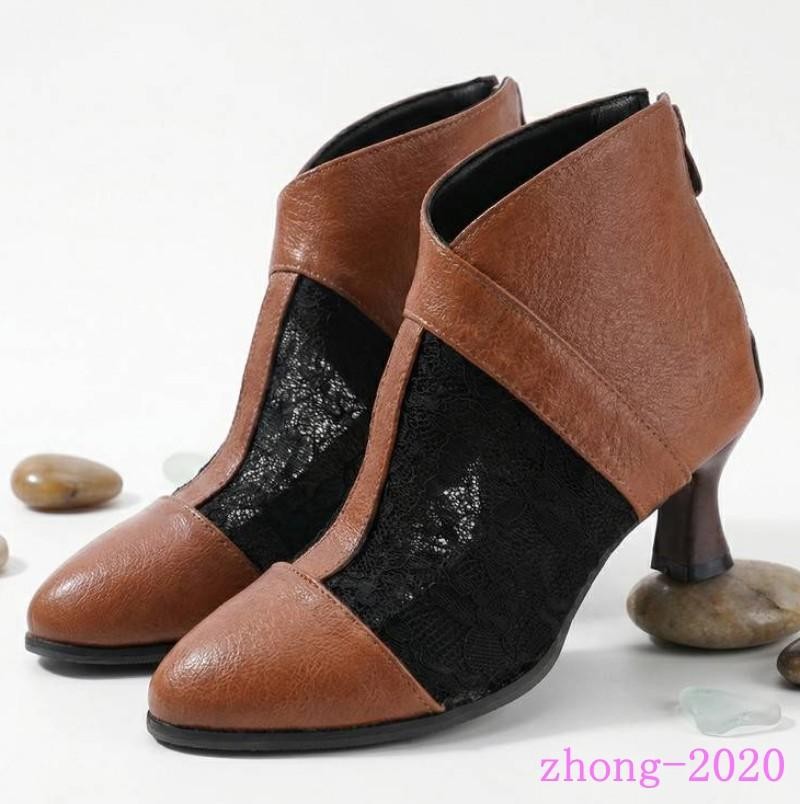 Retro Womens Faux Leather Mesh Patchwork Zip Ankle Boots Casual Dress Work Shoes