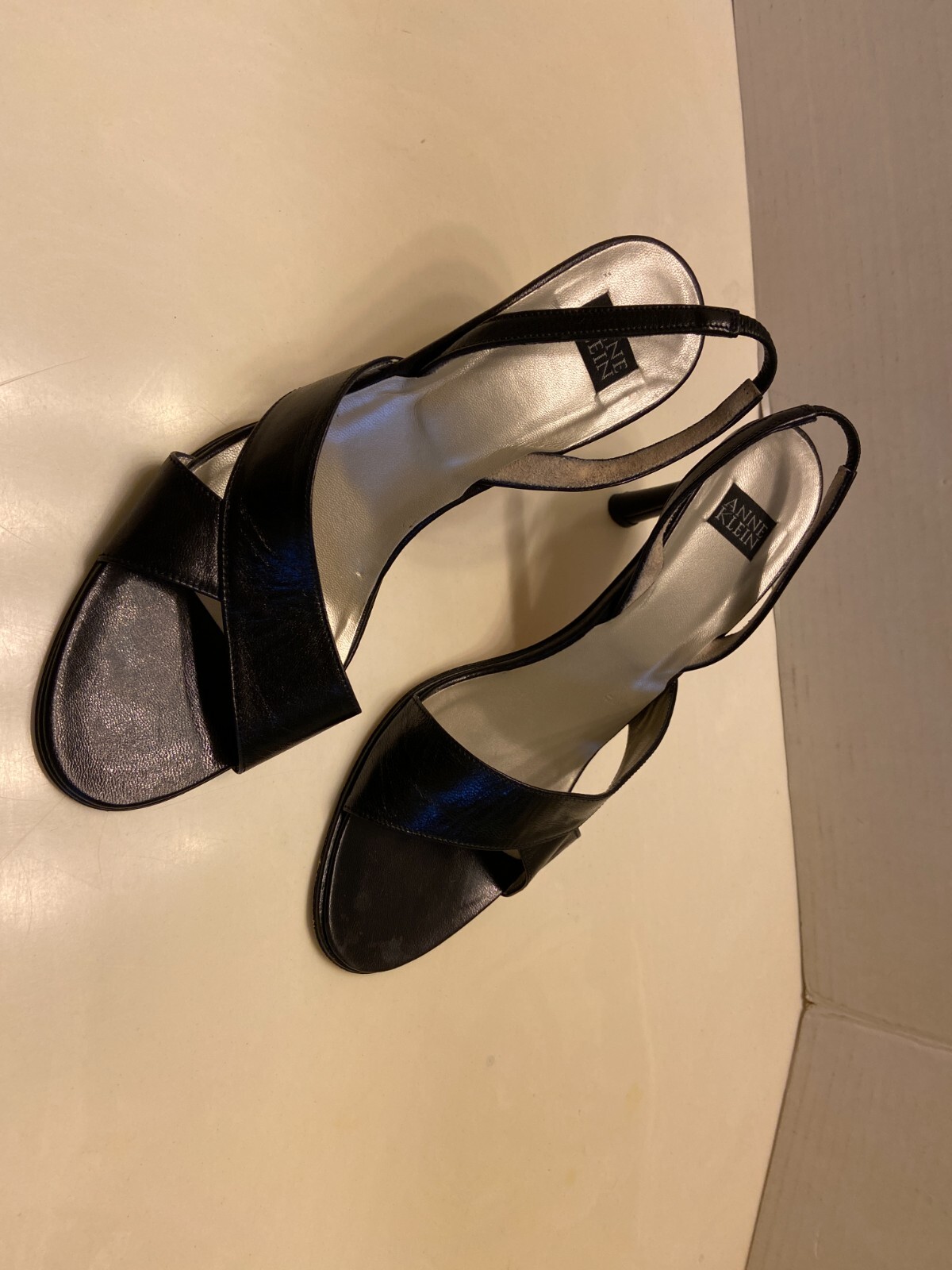 Anne Klein Black Leather Slingback Sandals Size 7 M Heels 3.25″