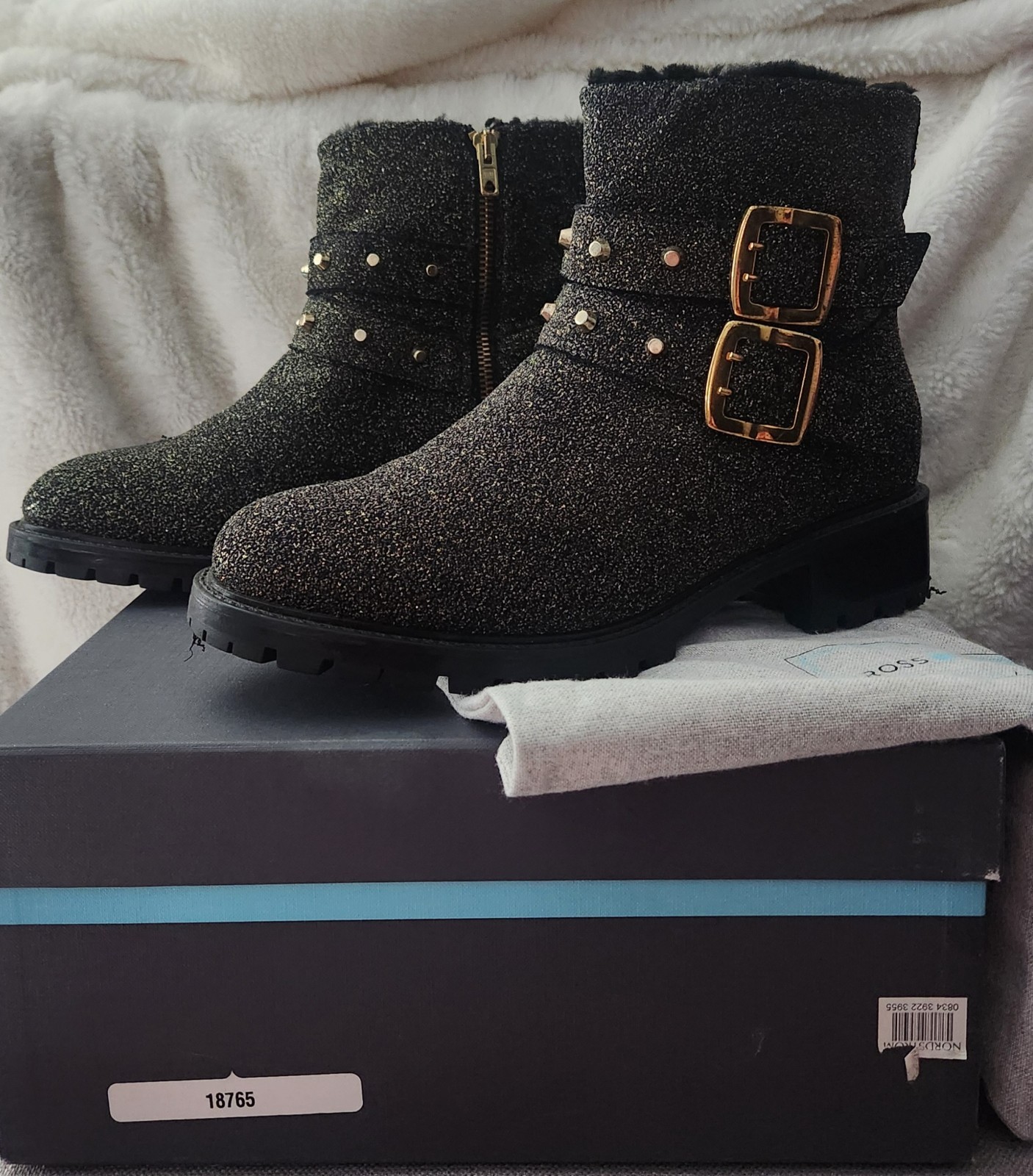 Ross & Snow Women’s Black/Gold Glitter Studded Double Buckle Ankle Boot, Size 10