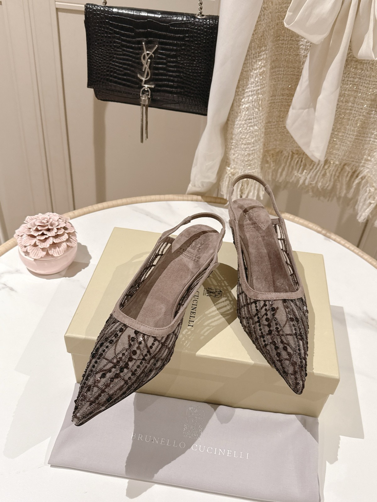 Brunello Cucinelli Luxury Womens Mesh Slingback Flats Brown Size EU 35-42
