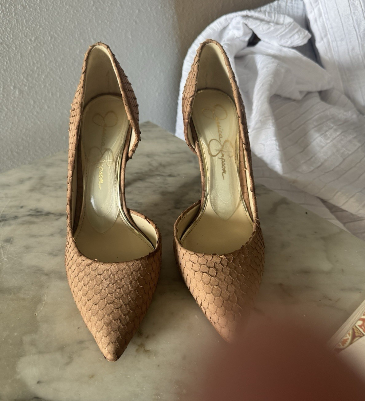 Jessica Simpson Women’s Beige Textured Pointed Toe Stiletto Pumps 8.5 M