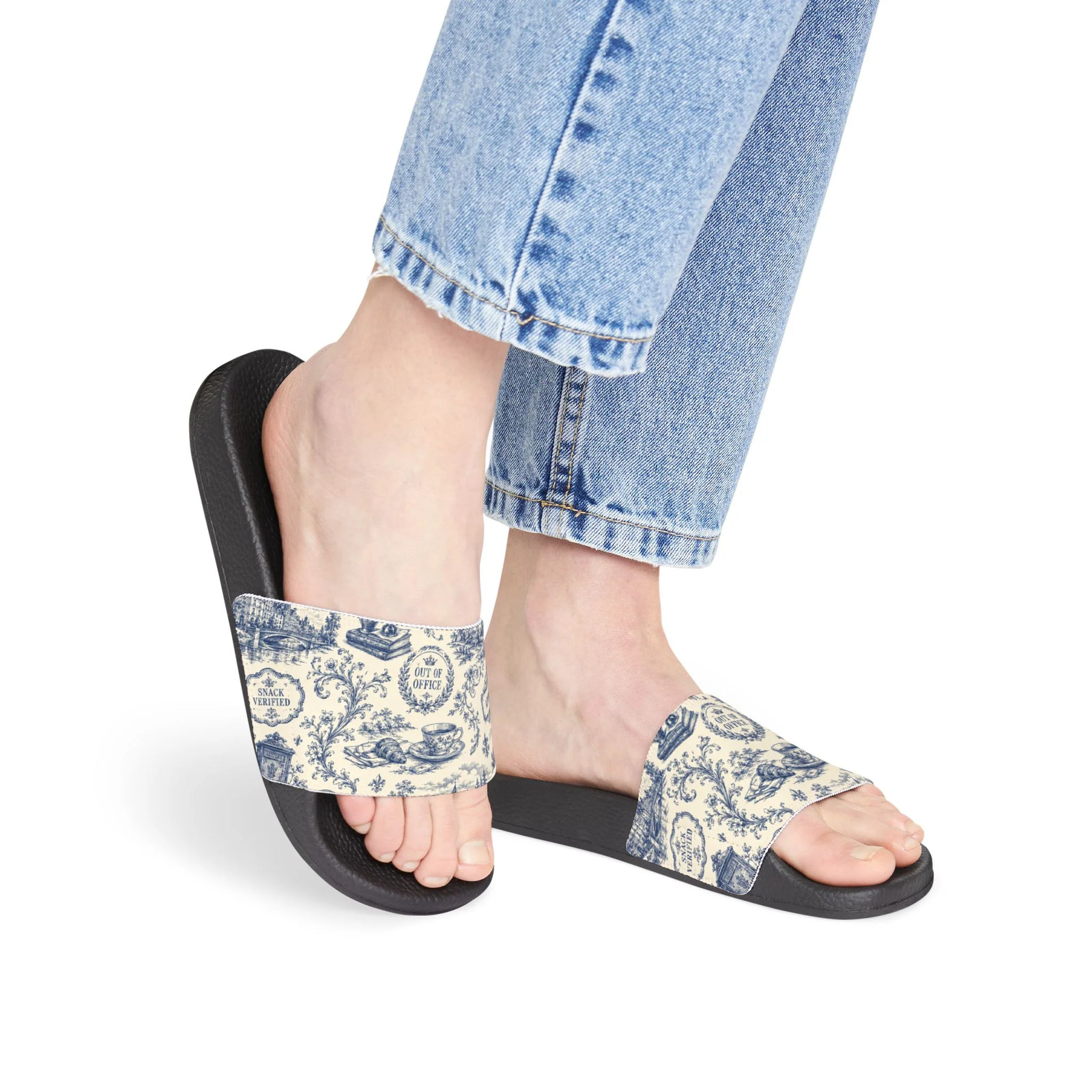Out of Office Blue Toile Slide Sandals (Removable Strap)