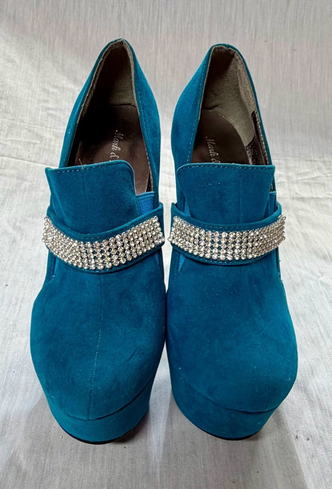 Mark & Maddux Teal Faux Suede Platform High Heel Pumps with Rhinestone Detail