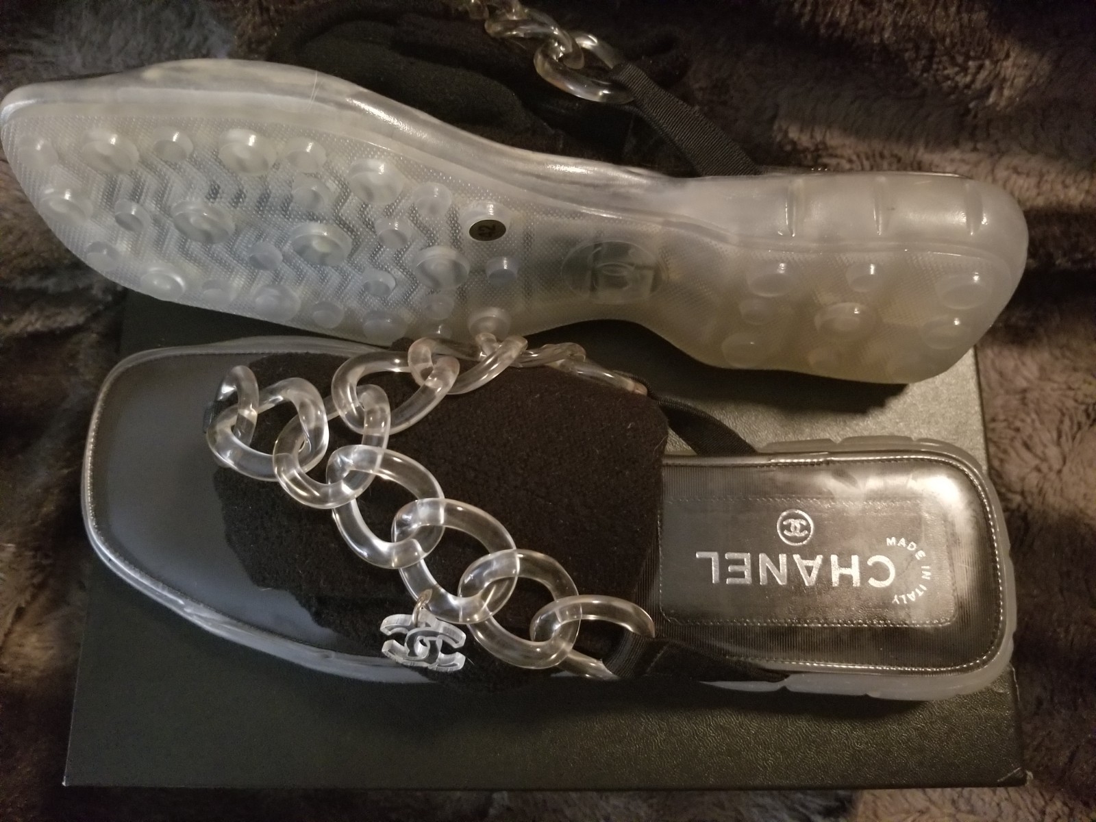 Chanel Sandals 42 Lucite Chain Link Classic CC Hanging Logo 10.5 – 11 Vintage