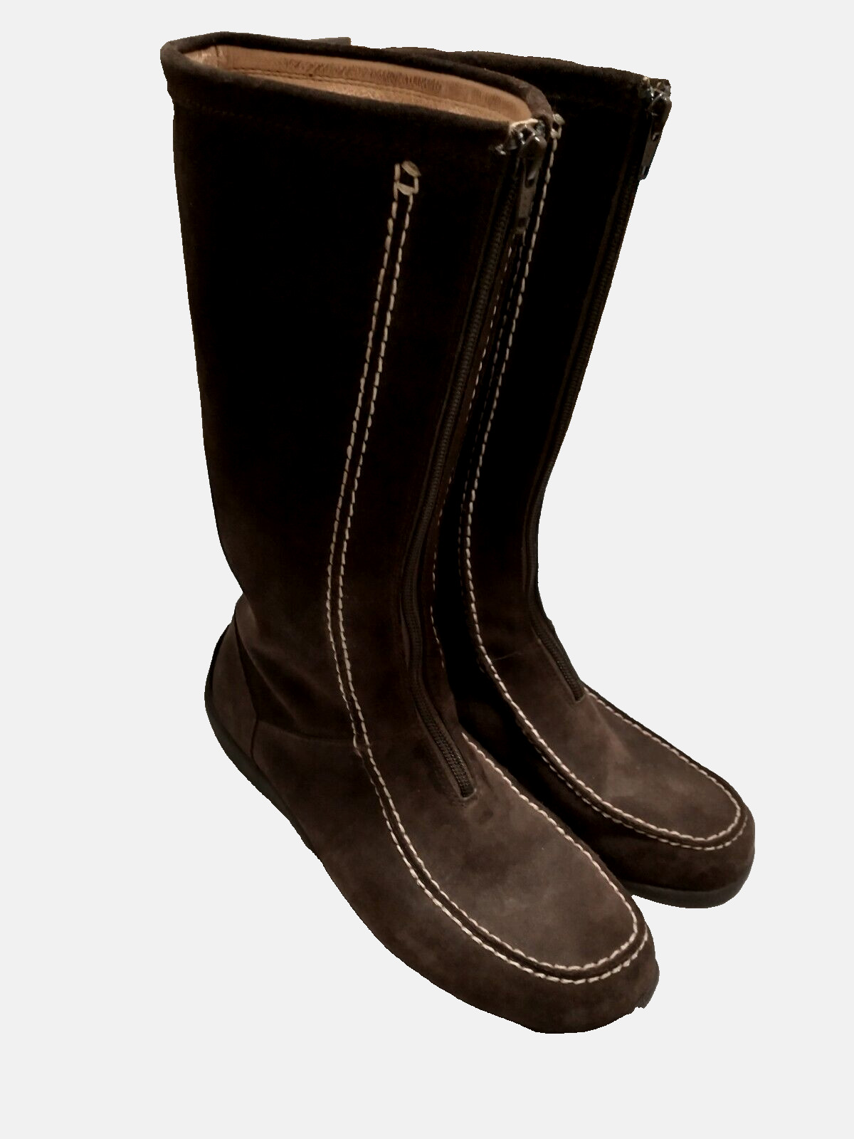 Lands’ End Women Deep Brown Leather Suede 62284 Front Zip Mid Calf Moc Boot 8.5B