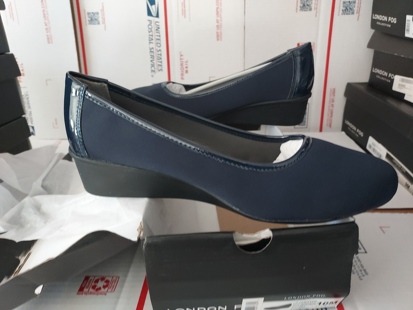 LONDON FOG Chester NAVY BLUE Neoprene Dress Wedge womens size 10 M, #trl8