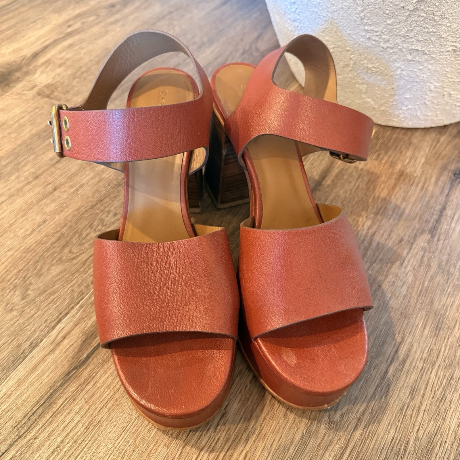 See By Chloe Lexy Leather Platform Strappy Heeled Sandals Brown Gold Size 41