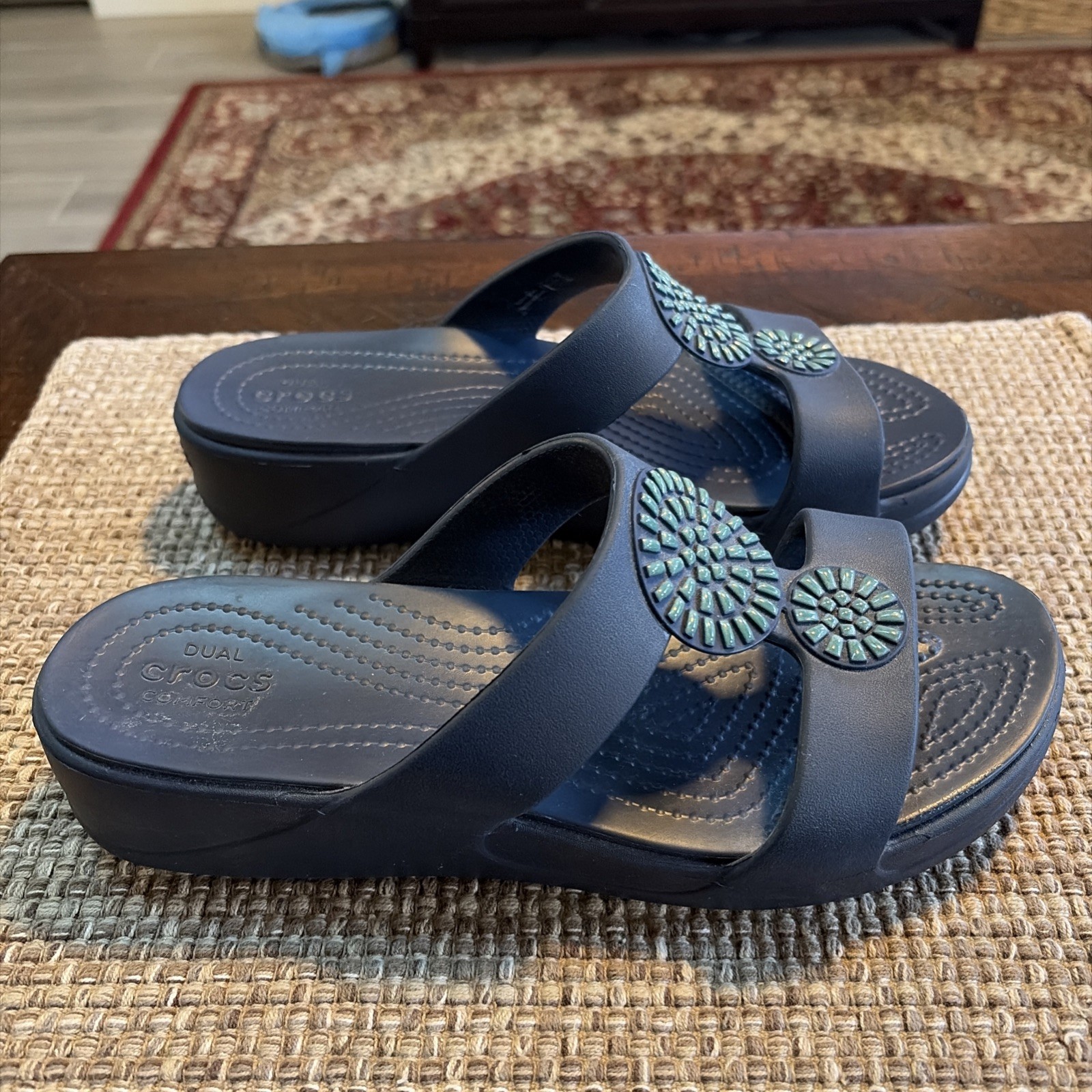 Crocs Monterey Diamante Wedge Slide Sandals Slip On Women 8 Navy Blue 206367