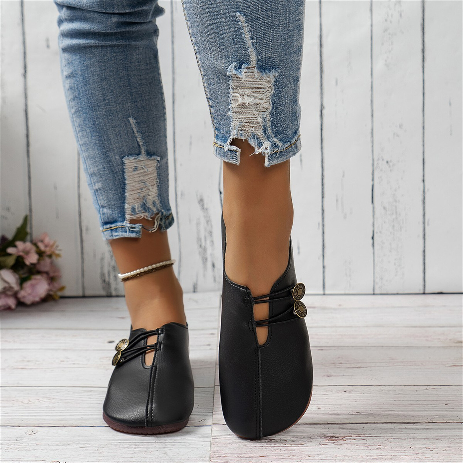 Weiche flache Damenschuhe mit Retro-Schnalle Freizeit Vielseitig Slip On Loafers