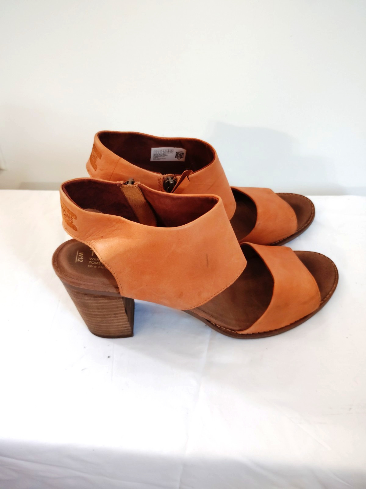 TOMS Sandals Women 12 Wheat Leather Majorca Cutout Side Zip Heeled Ankle Strappy
