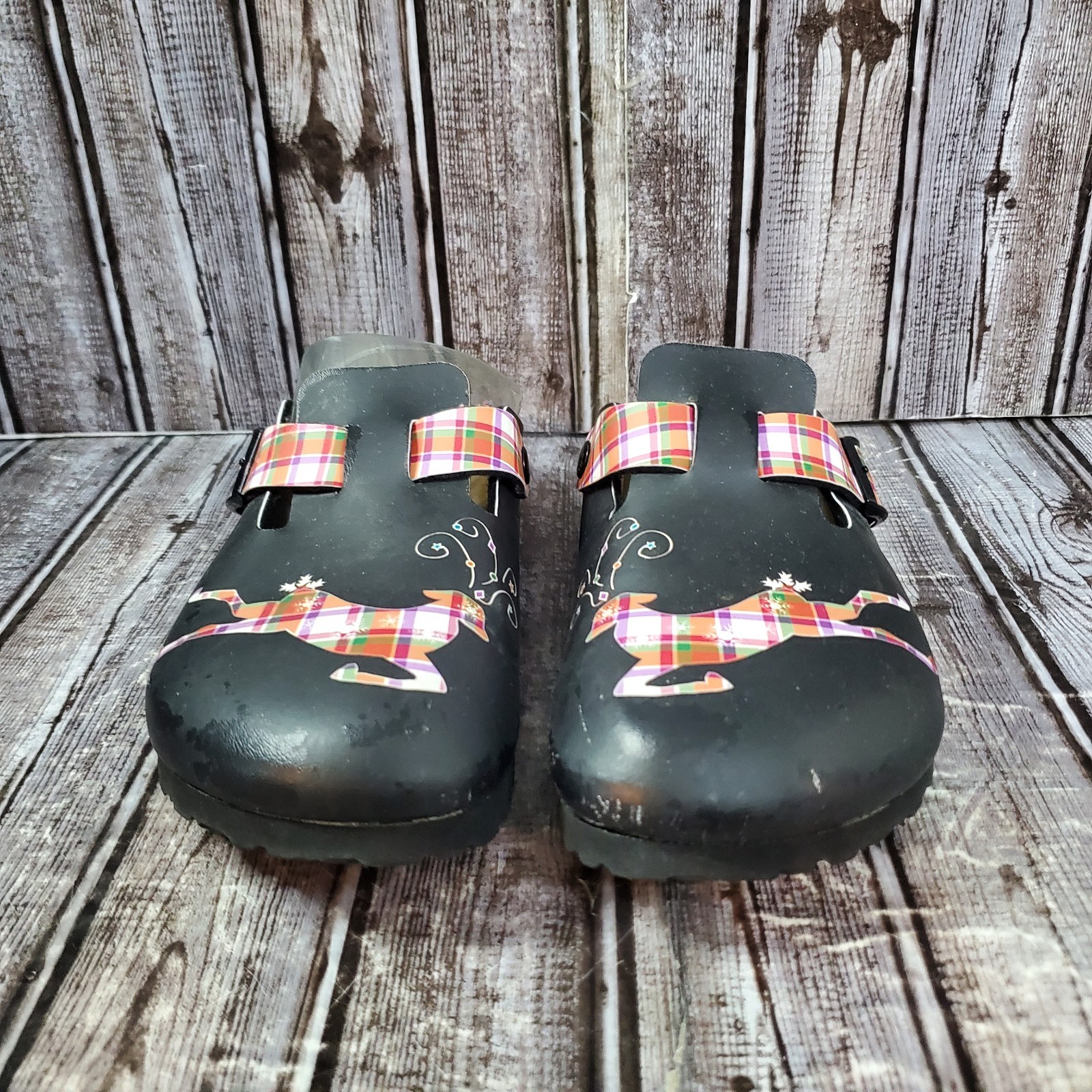 Birkenstock Birki’s Unisex Woodby Black Plaid Reindeer Graphic Clog Size 39 W8