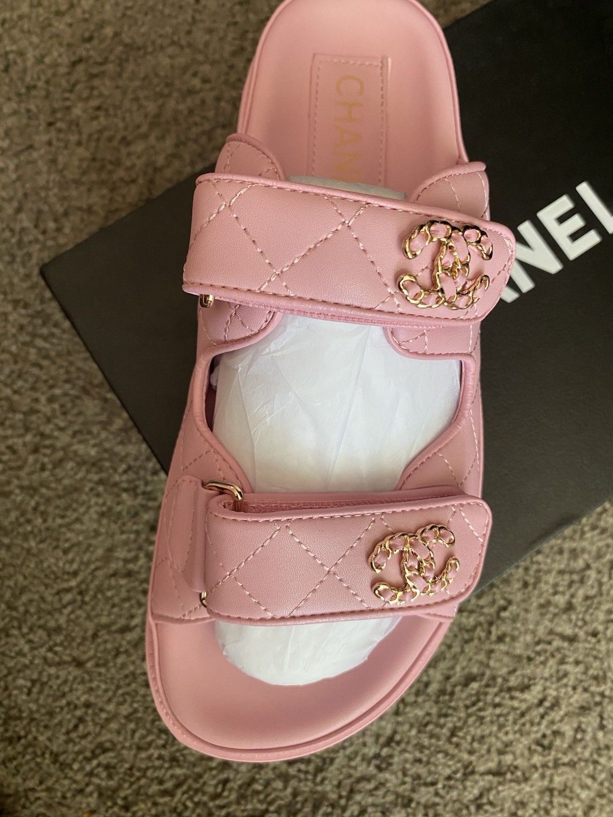 CHANEL Pink Quilted Logo Leather Slide Sandals Womens US 8 EU 39