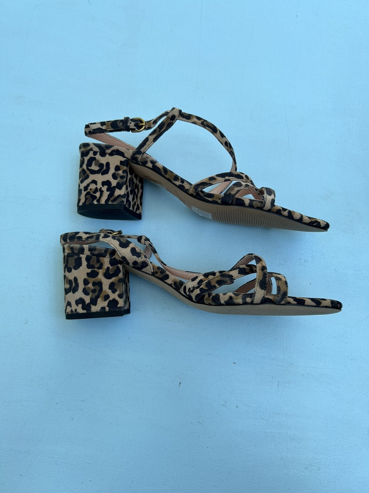 J Crew Odette Shoes 7 Leopard Print Sandals Block Heels Beige Black Tan Strappy