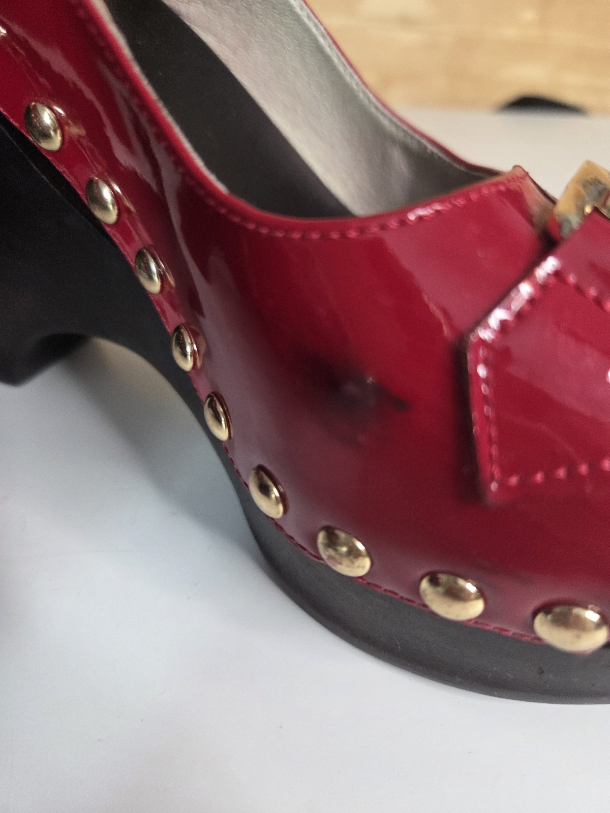 Michael Kors Red Patent Leather Platform Wedge Sandals Gold MK Logo Studded 8.5M