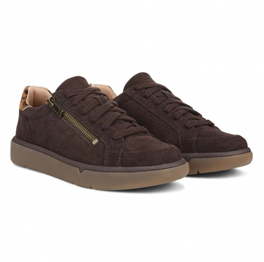 VIONIC Women City Walk AXS Sneaker, Chocolate Ganache Ribbed Suede (NEW)