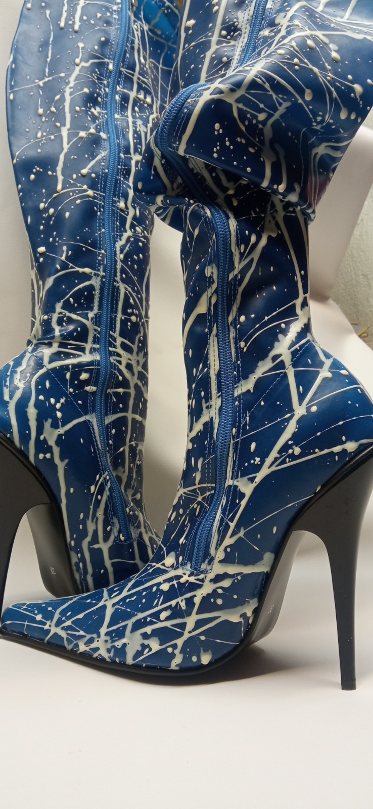 Handmade rubber boots knee high blue and female heel 12cm – size 43