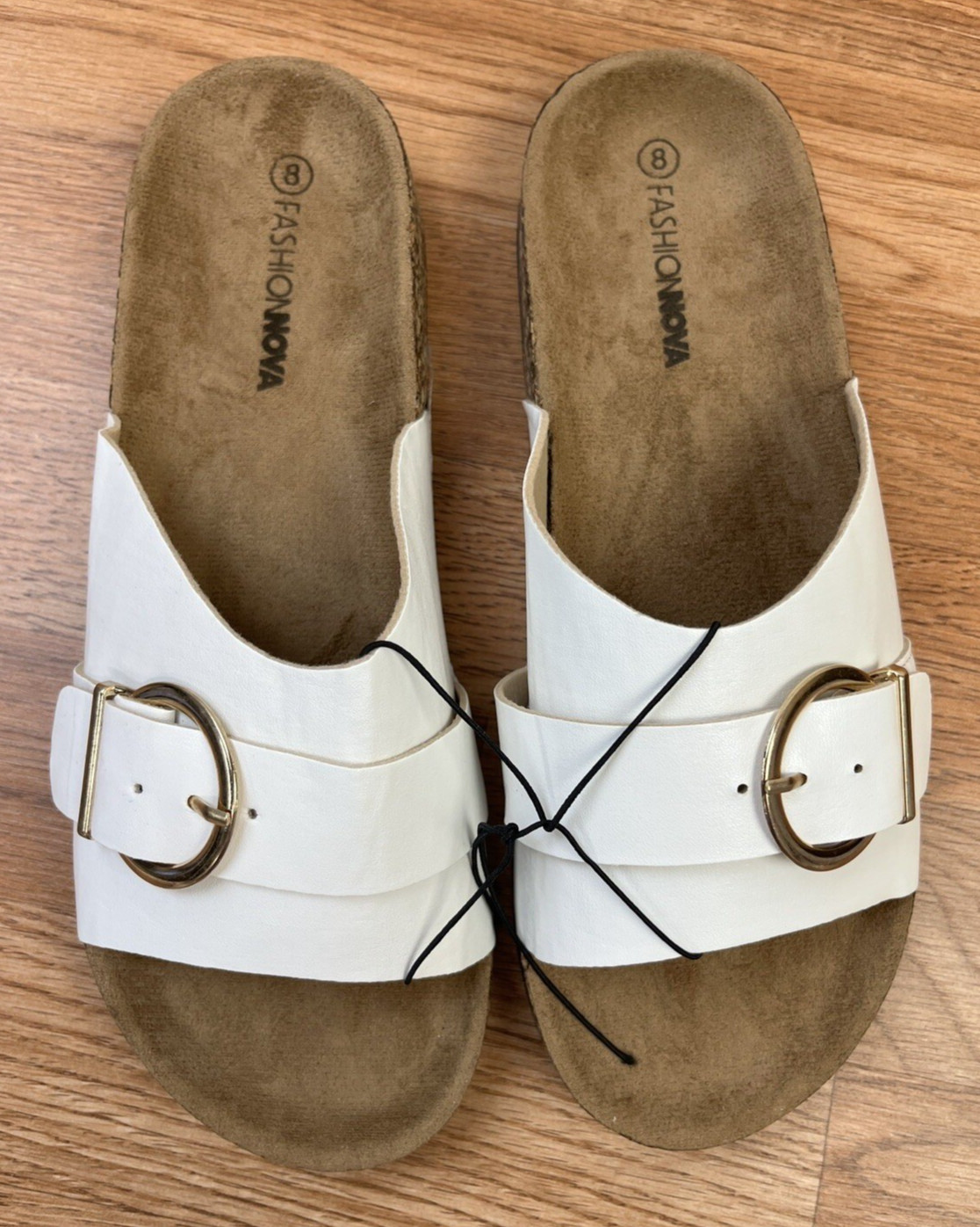 Fashion Nova True Statement Flat Cork Sandals White Slides Size 8 Women’s NEW