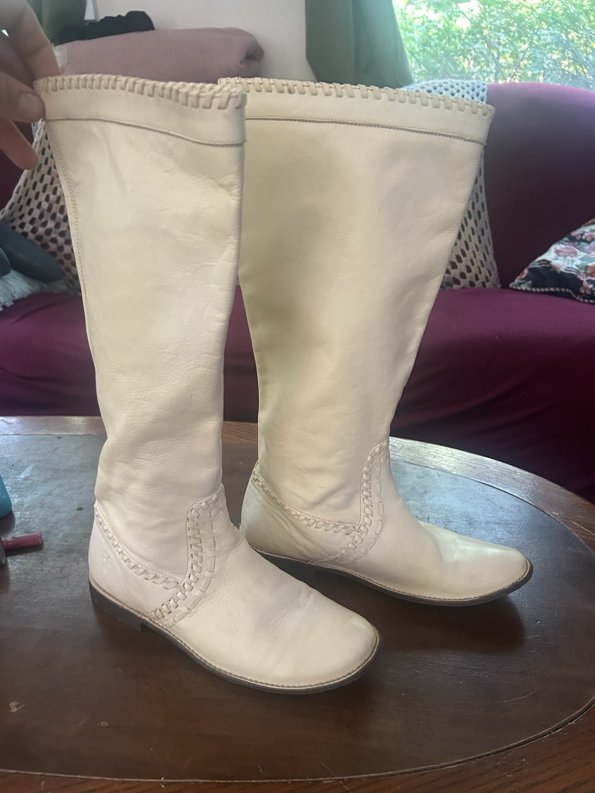 Frye Women’s Ivory Leather Knee High Pull-On Riding Boots Round Toe 7.5B