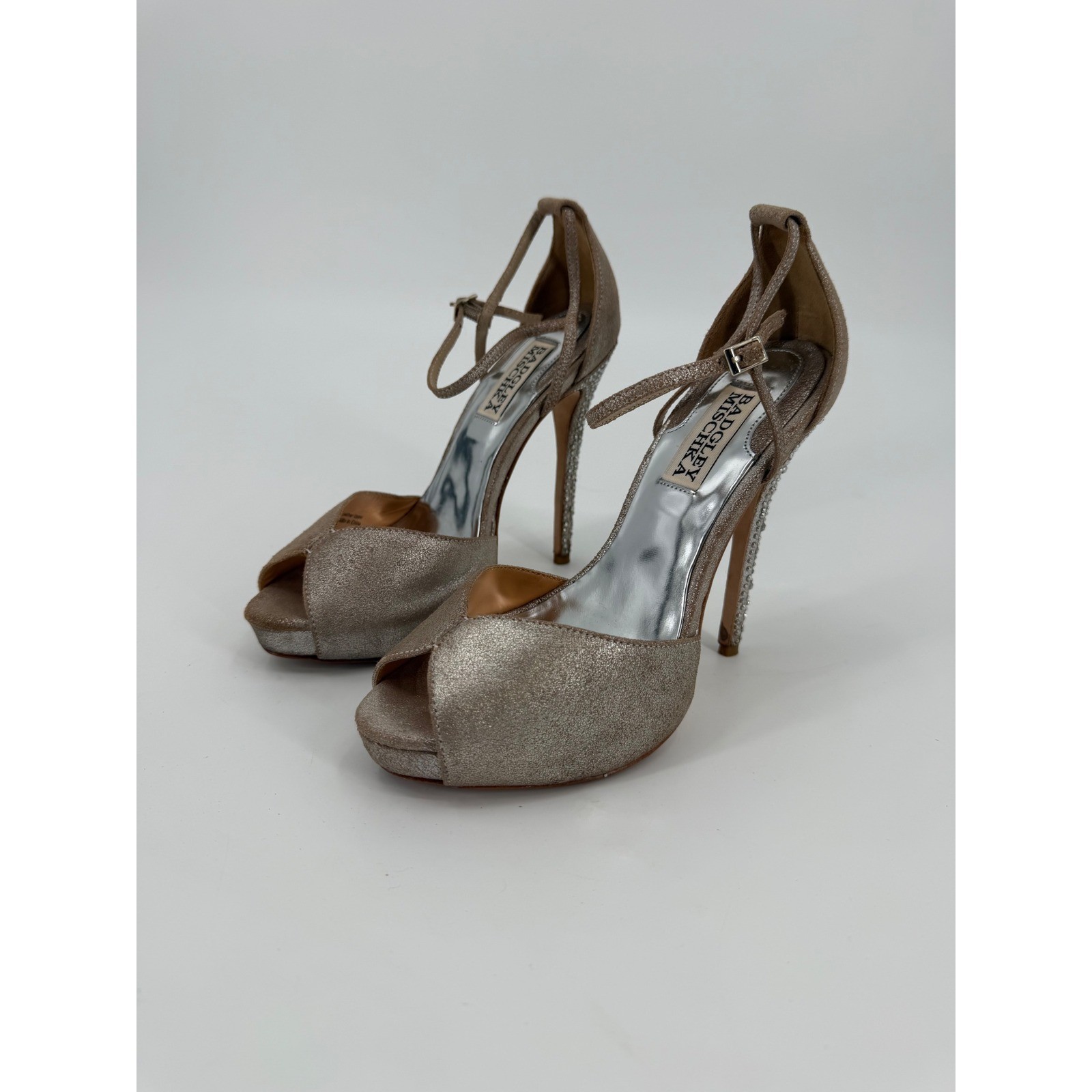 Badgley Mischka Champagne Metallic Crystal Embellished Peep Toe Pumps Size 5.5M
