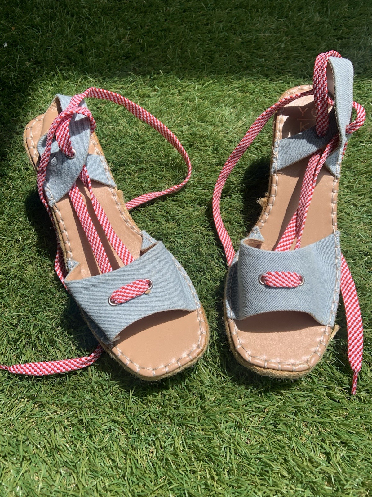 Women’s Canvas Espadrille Wedge Sandals Blue Red/White Tie Ankle Strap US 10