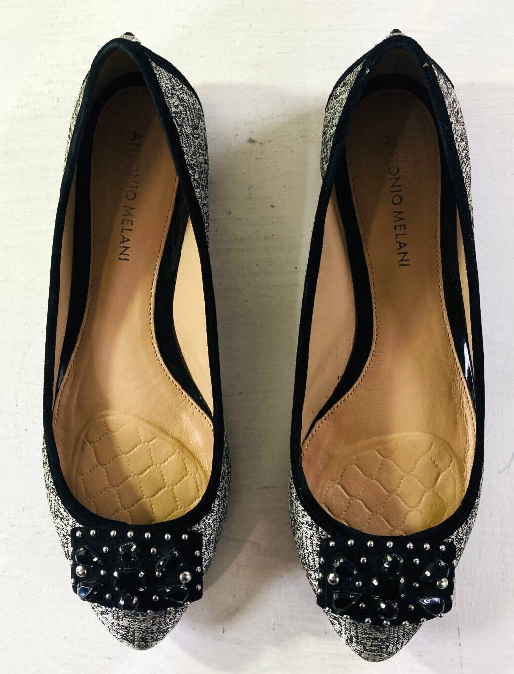 Antonio Melani Black & Silver Flats Silver Studs & Large Black Rhinestones Sz 9